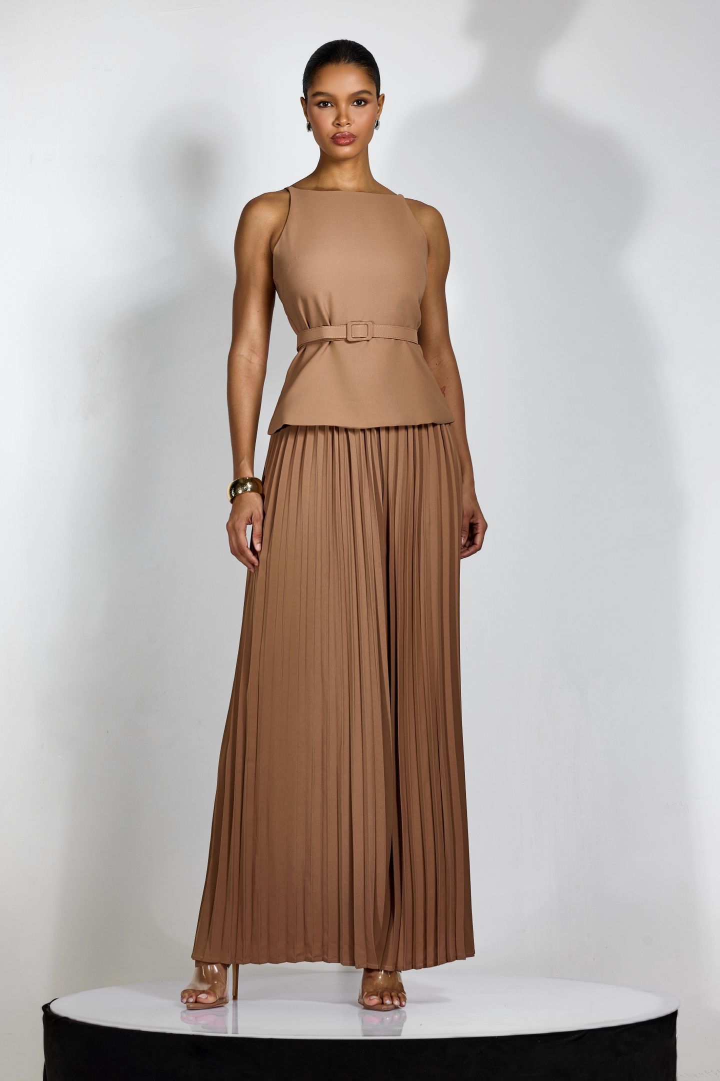 Paula Sleeveless Pleated Pants Set | Wide-Leg Brown Chic - sunfere