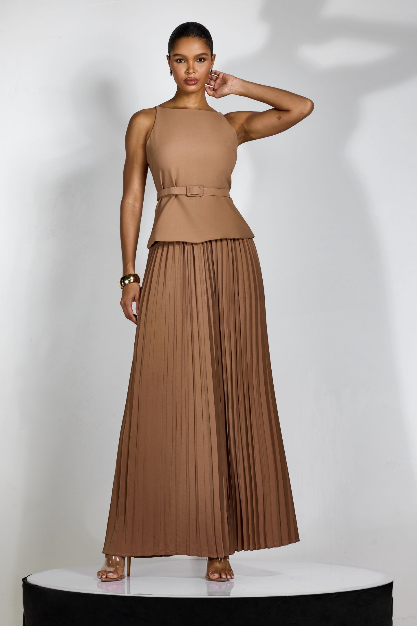 Paula Sleeveless Pleated Pants Set | Wide-Leg Brown Chic - sunfere