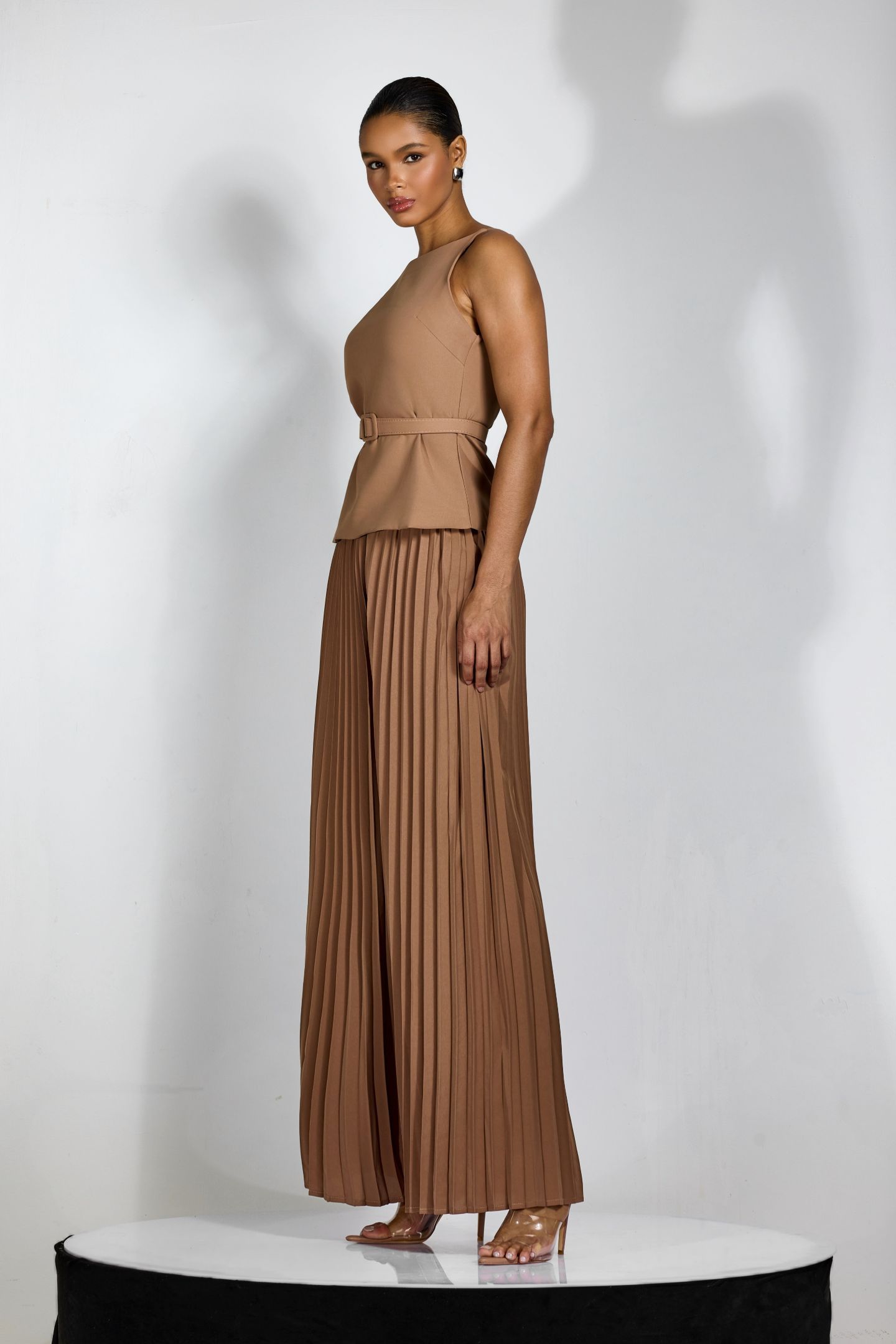 Paula Sleeveless Pleated Pants Set | Wide-Leg Brown Chic - sunfere