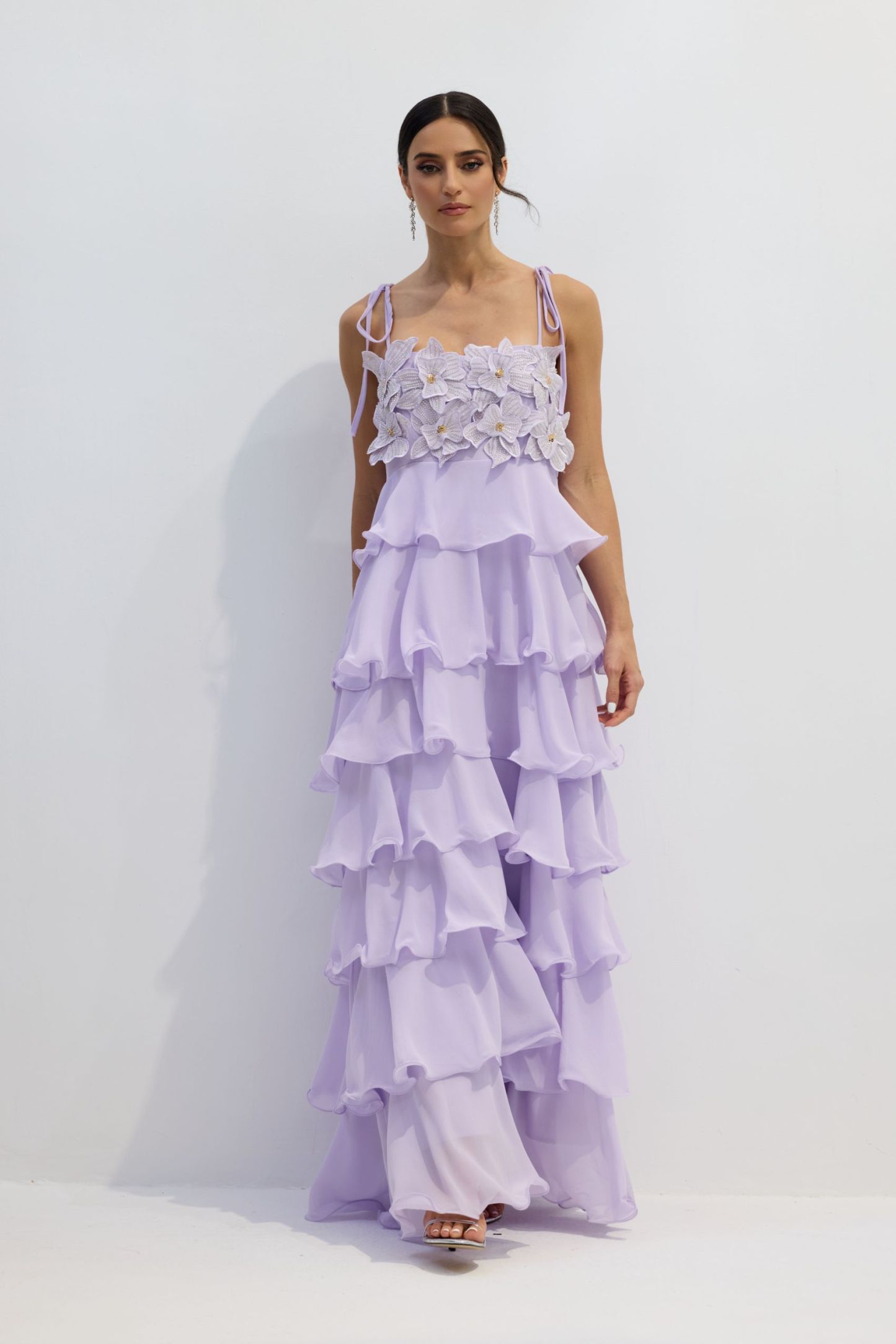 Clara Diamante Flower Tiered Maxi Slip Dress
