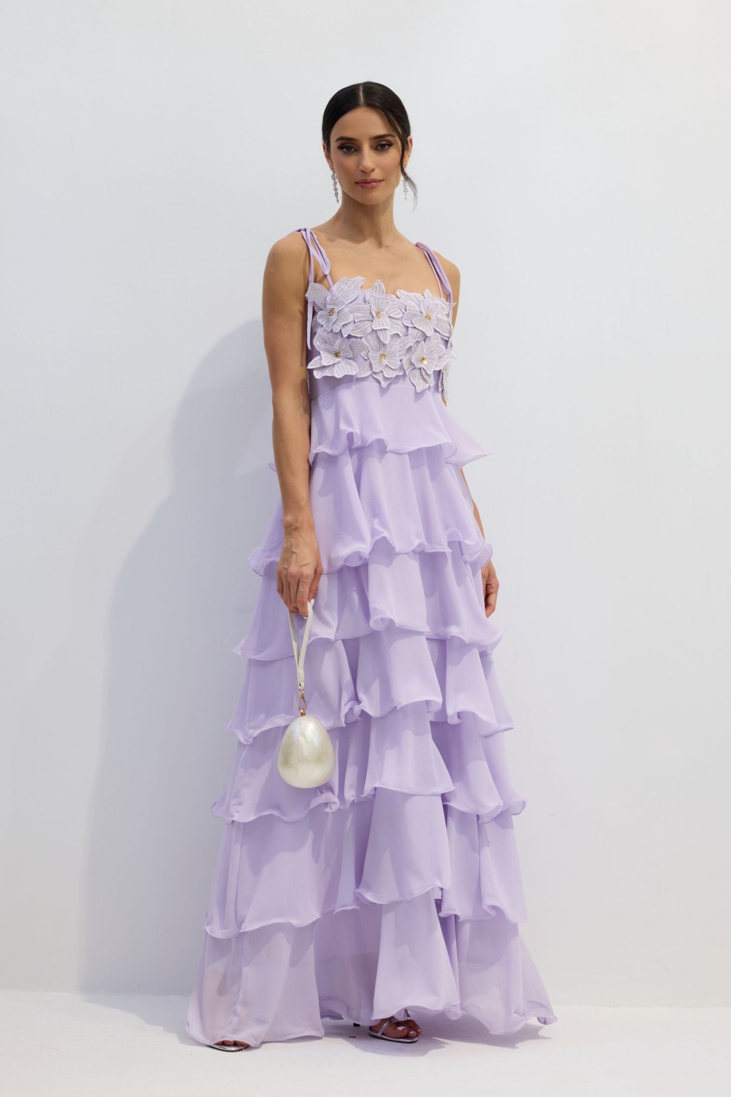 Clara Diamante Flower Tiered Maxi Slip Dress