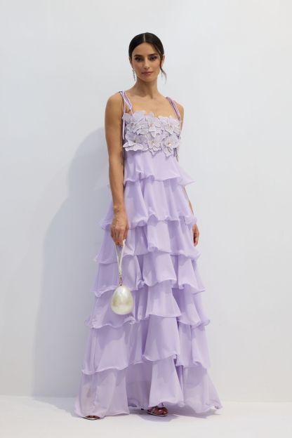 Clara Diamante Flower Tiered Maxi Slip Dress
