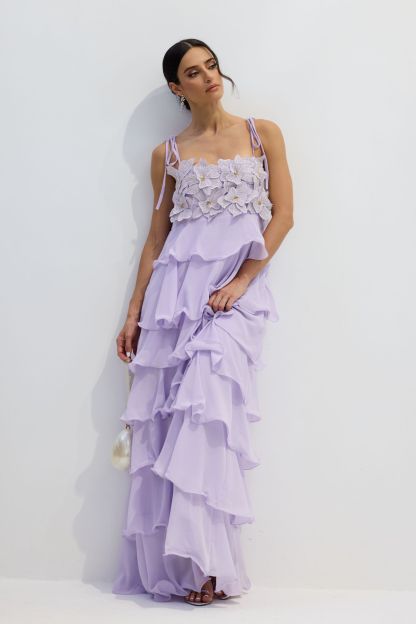 Clara Diamante Flower Tiered Maxi Slip Dress