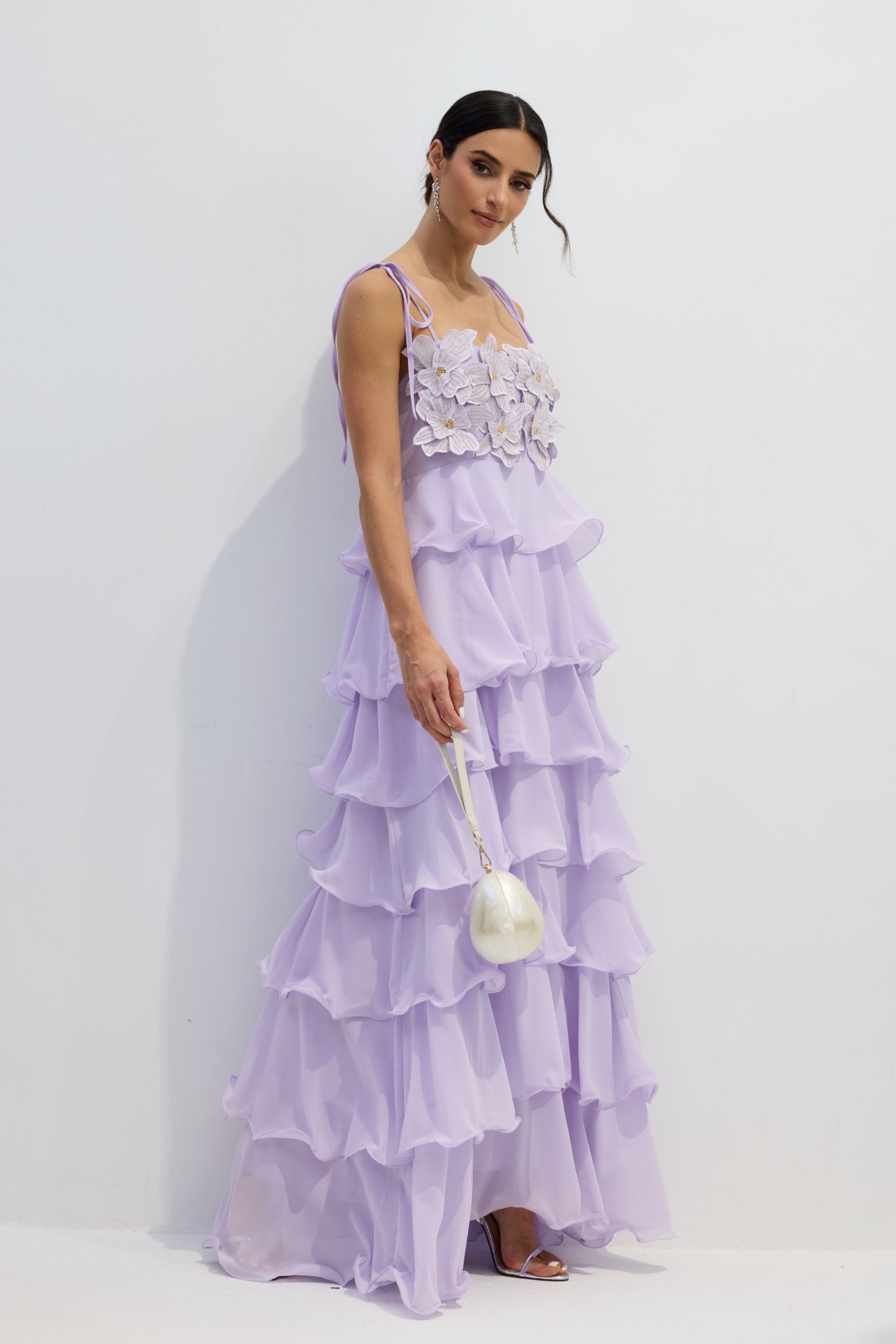 Clara Diamante Flower Tiered Maxi Slip Dress