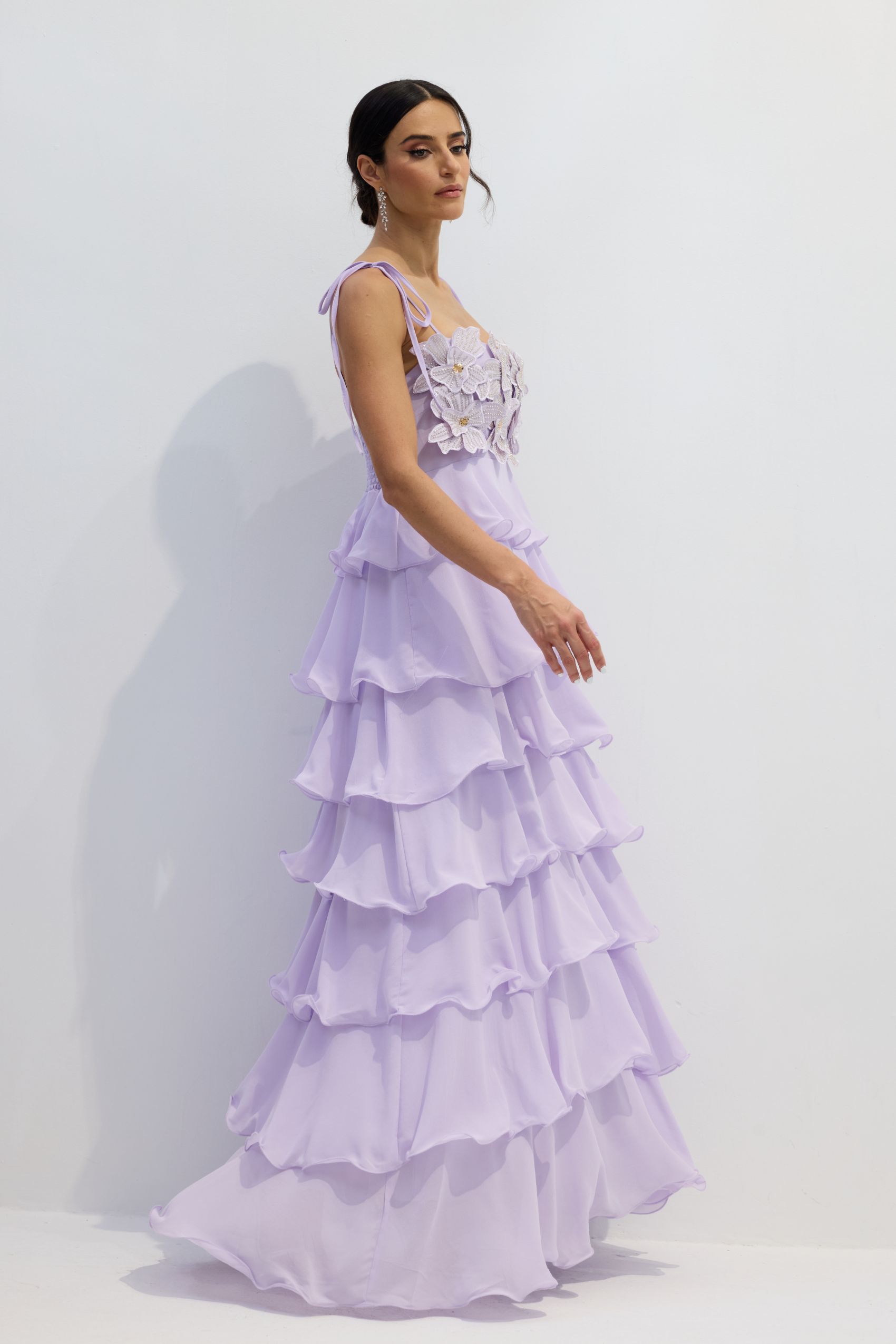 Clara Diamante Flower Tiered Maxi Slip Dress