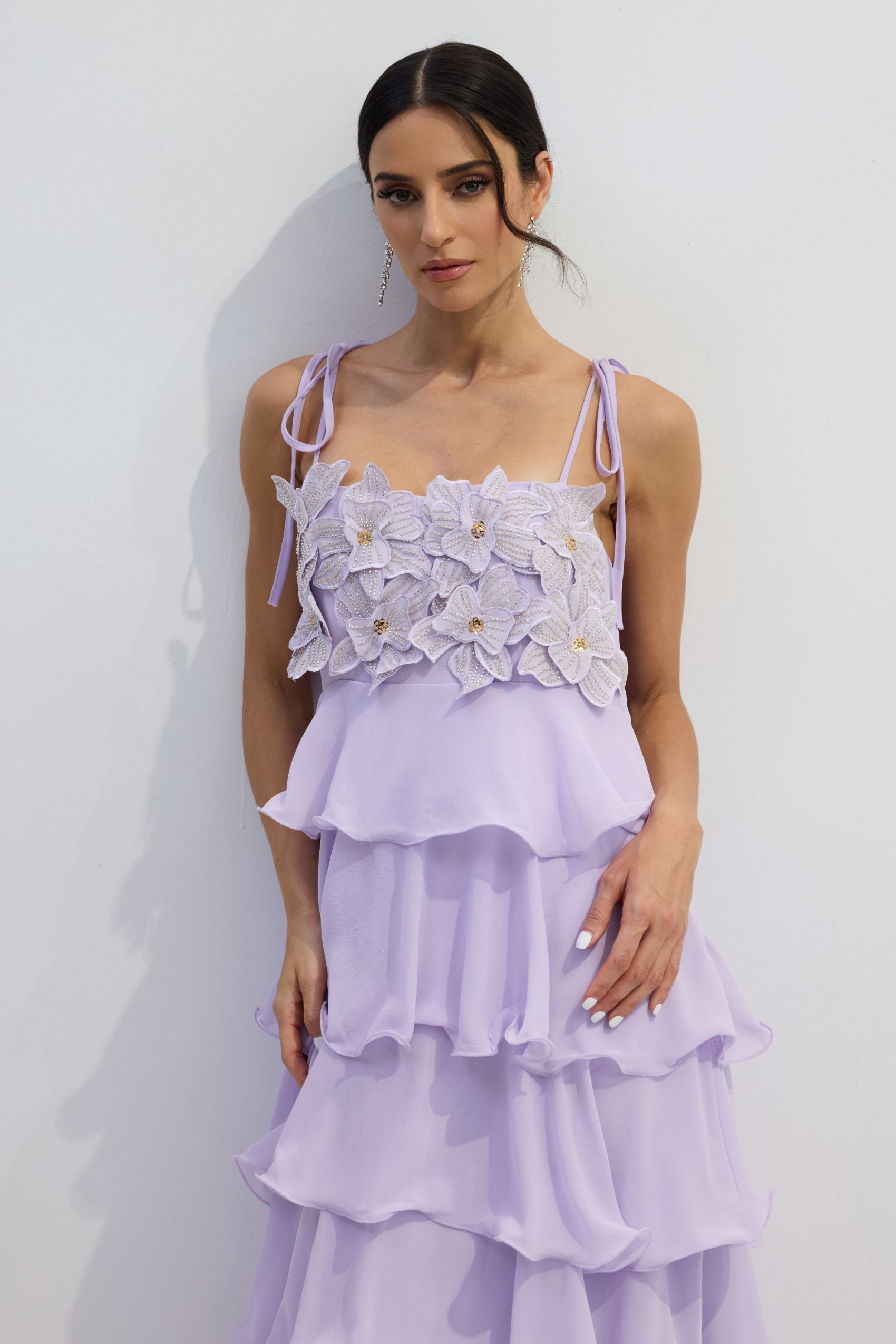 Clara Diamante Flower Tiered Maxi Slip Dress