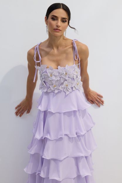 Clara Diamante Flower Tiered Maxi Slip Dress