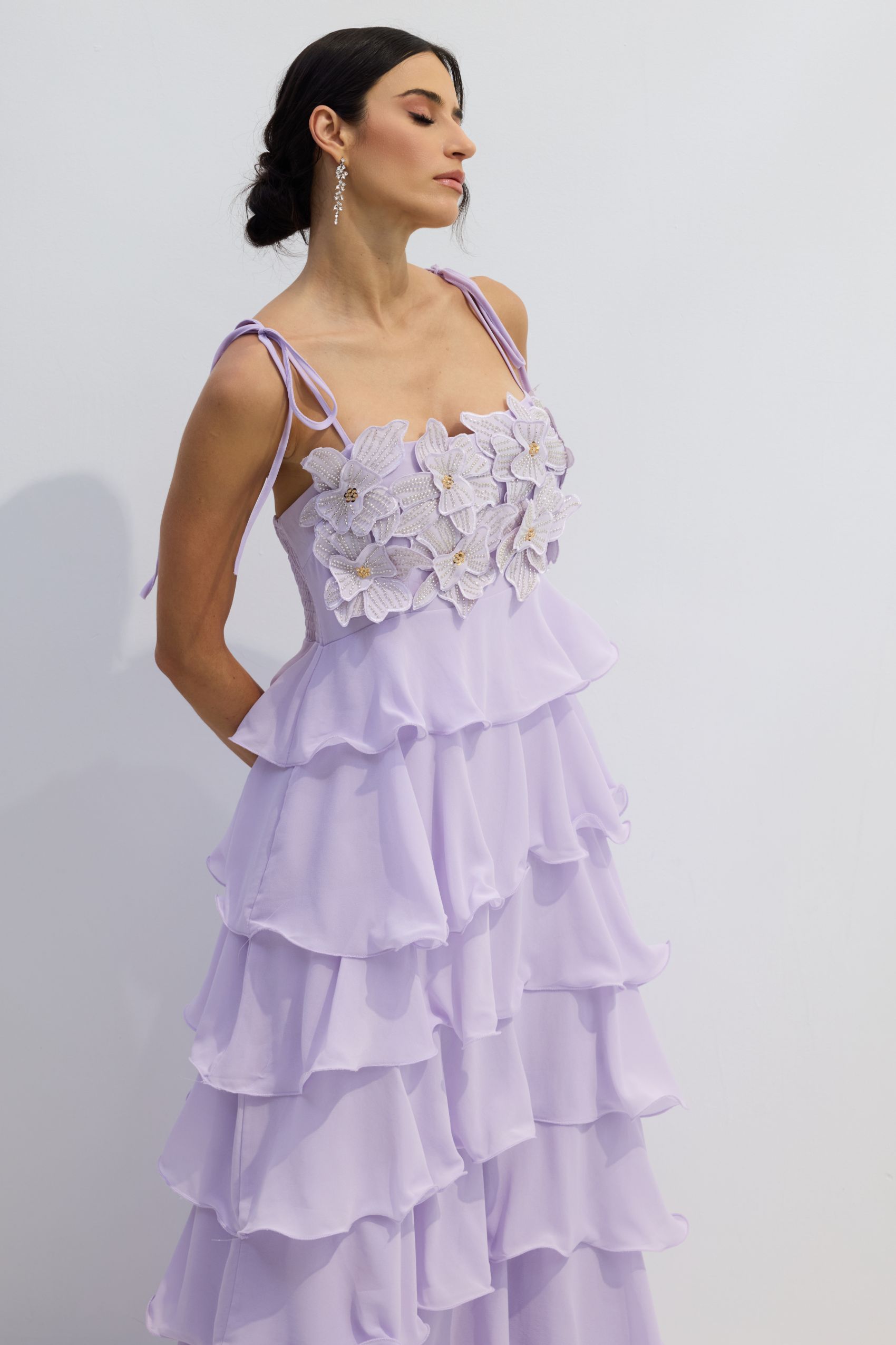 Clara Diamante Flower Tiered Maxi Slip Dress