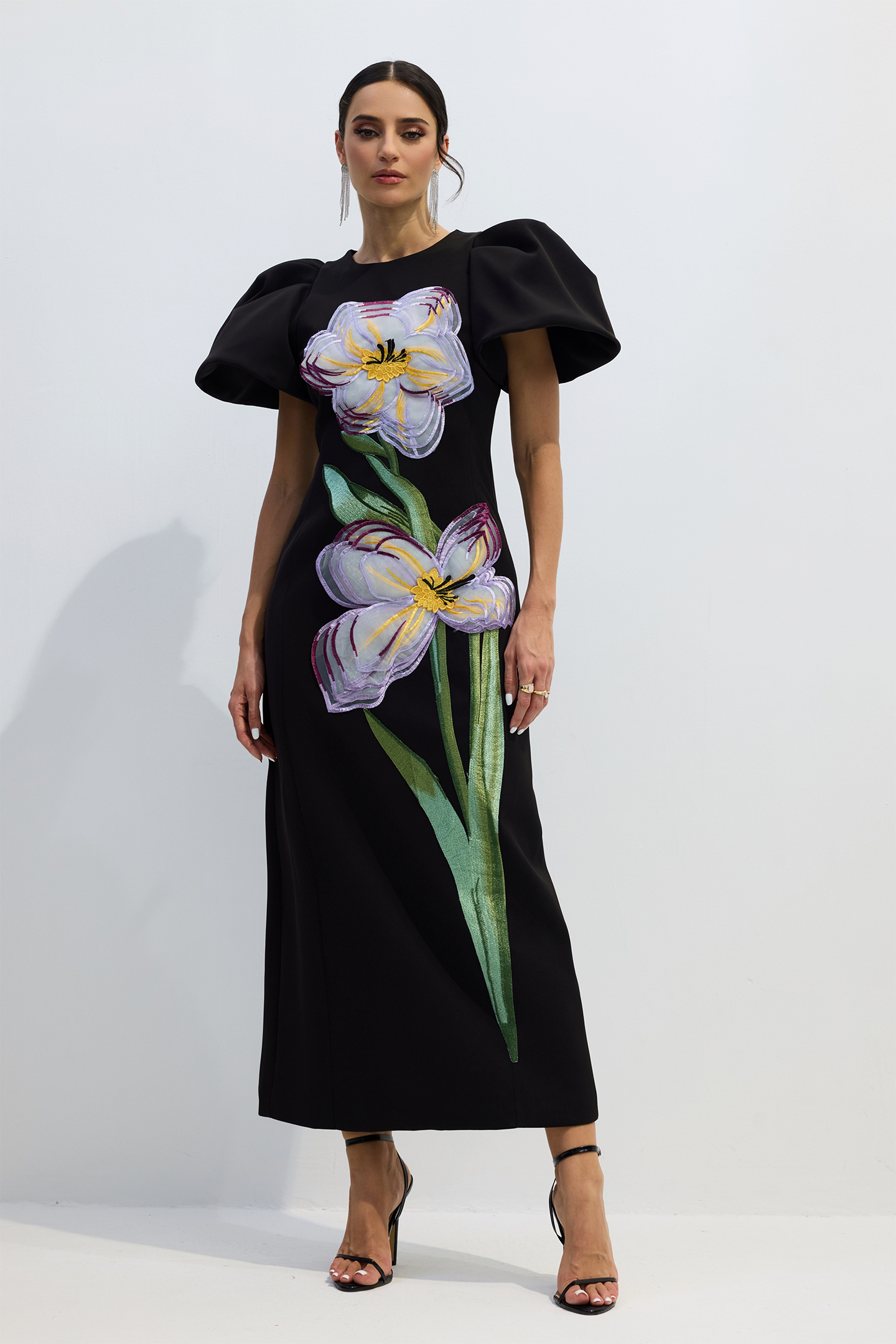 Georgia Floral Embroidery Puff Sleeve Maxi Dress