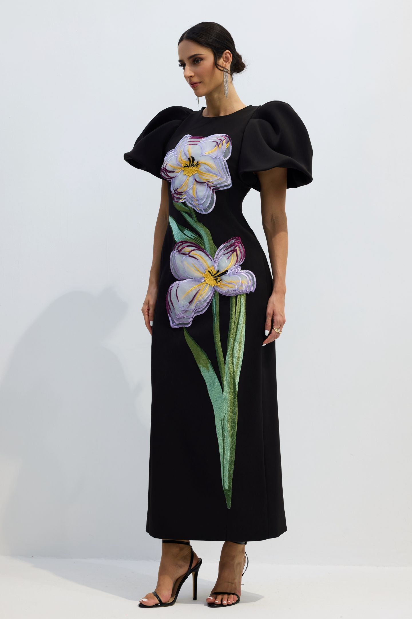 Georgia Floral Embroidery Maxi Dress | Black Puff Sleeve Elegance - sunfere