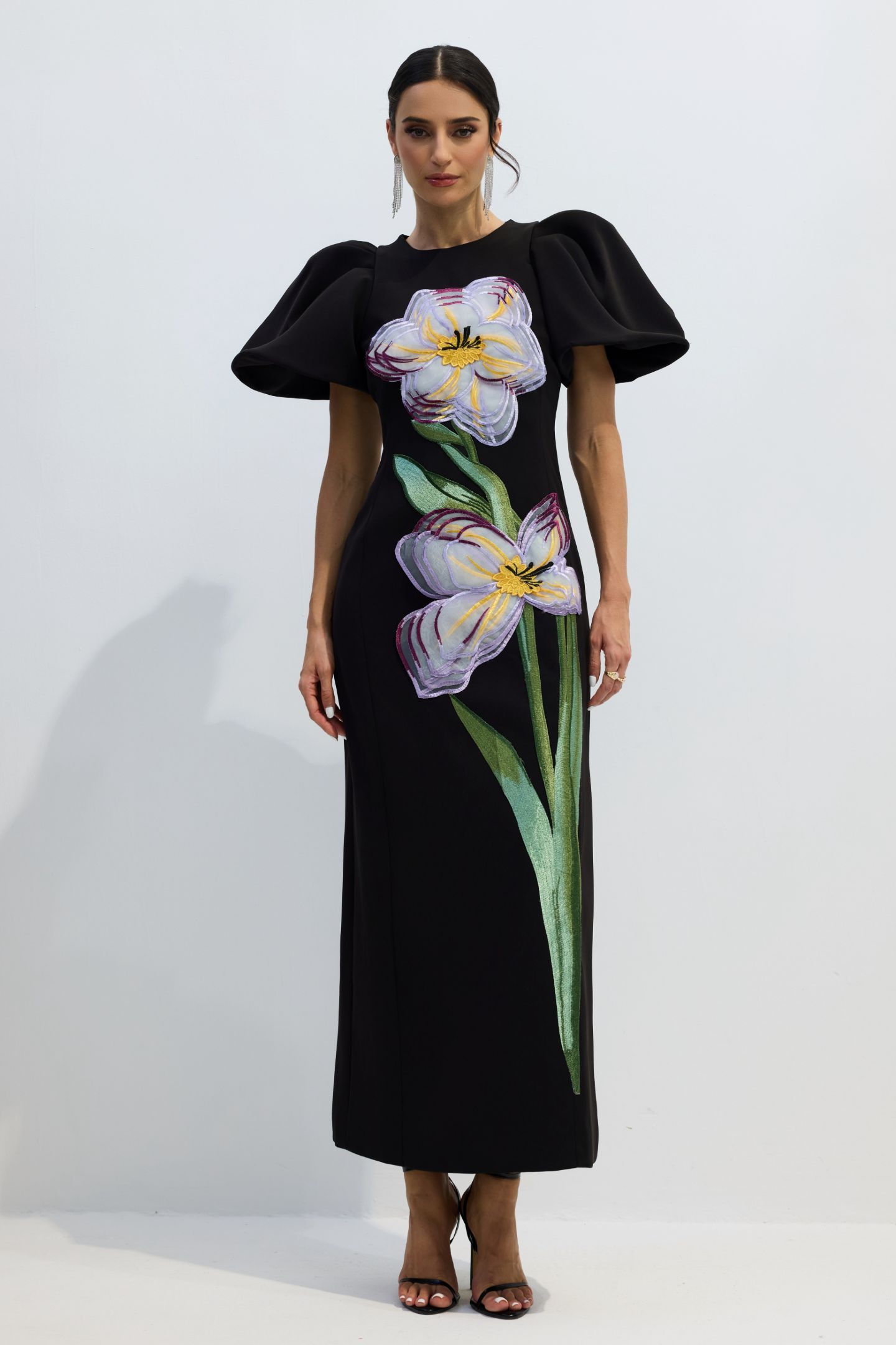 Georgia Floral Embroidery Maxi Dress | Black Puff Sleeve Elegance - sunfere