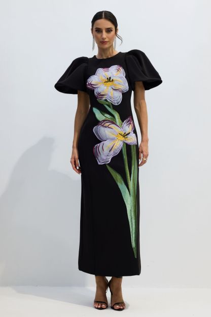 Georgia Floral Embroidery Puff Sleeve Maxi Dress