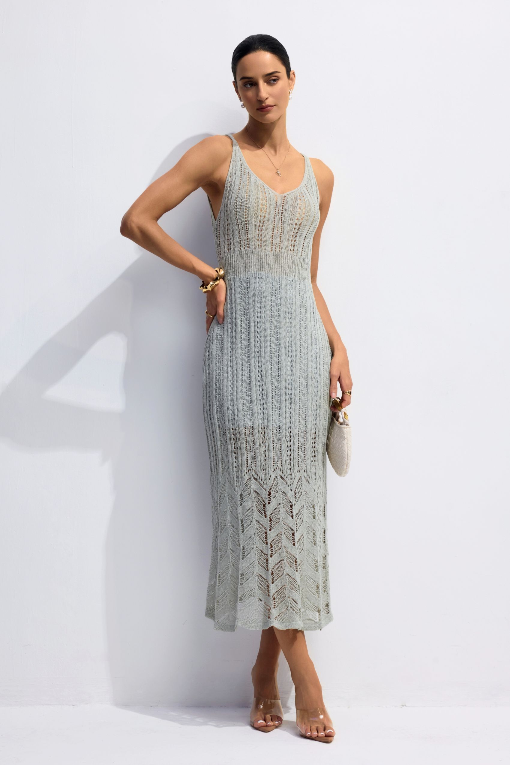 美品★ MEDI SHEER GEOMETRIC KNIT DRESS SET Derica Multi Open Knit Midi Dress – FINESSE