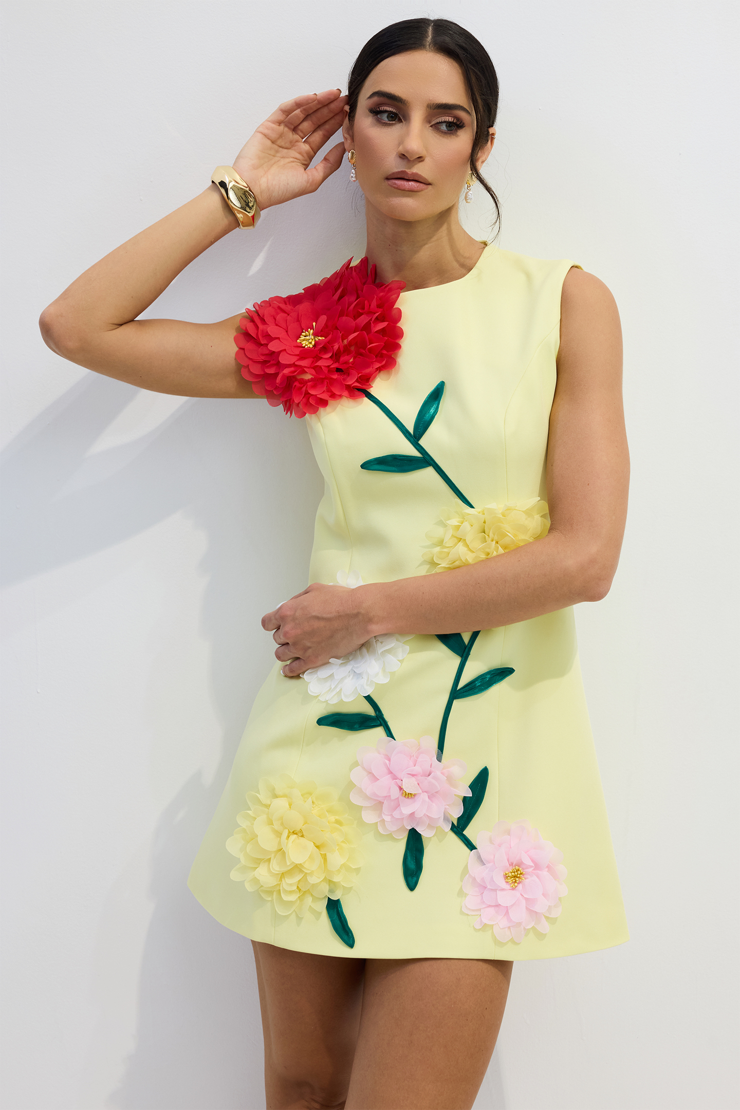 Sibyl Yellow Floral Applique Sleeveless Mini Dress | Summer Look - sunfere