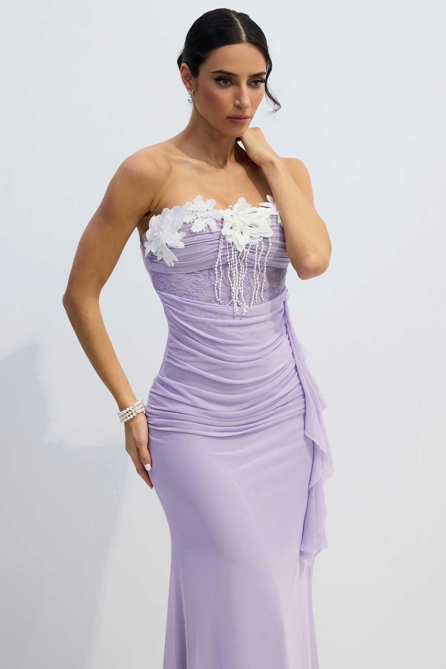 Leslie Floral Applique Strapless Chiffon Maxi Dress