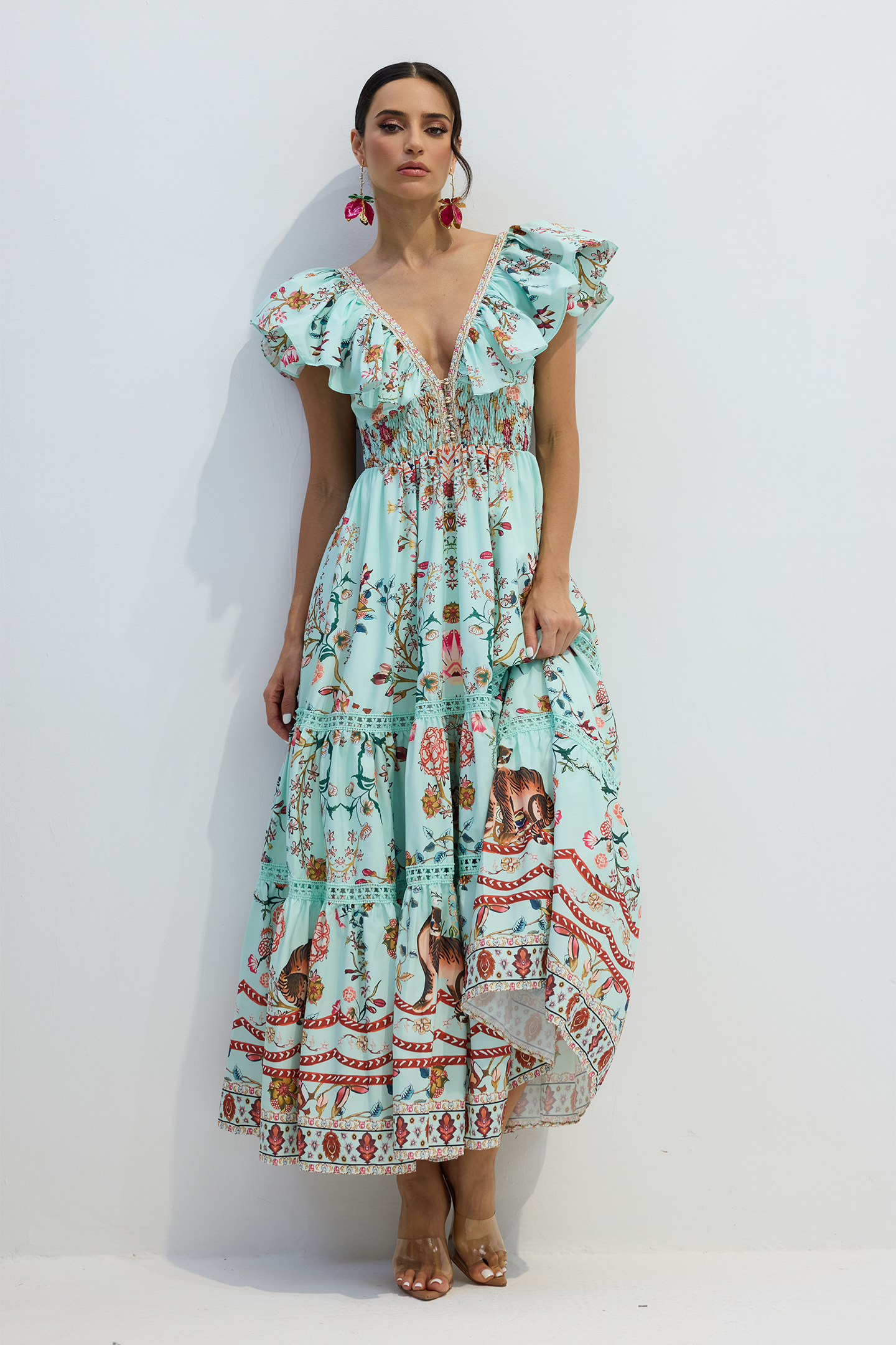 Marissa Floral Maxi Dress | Blue Ruffle Open Back - sunfere