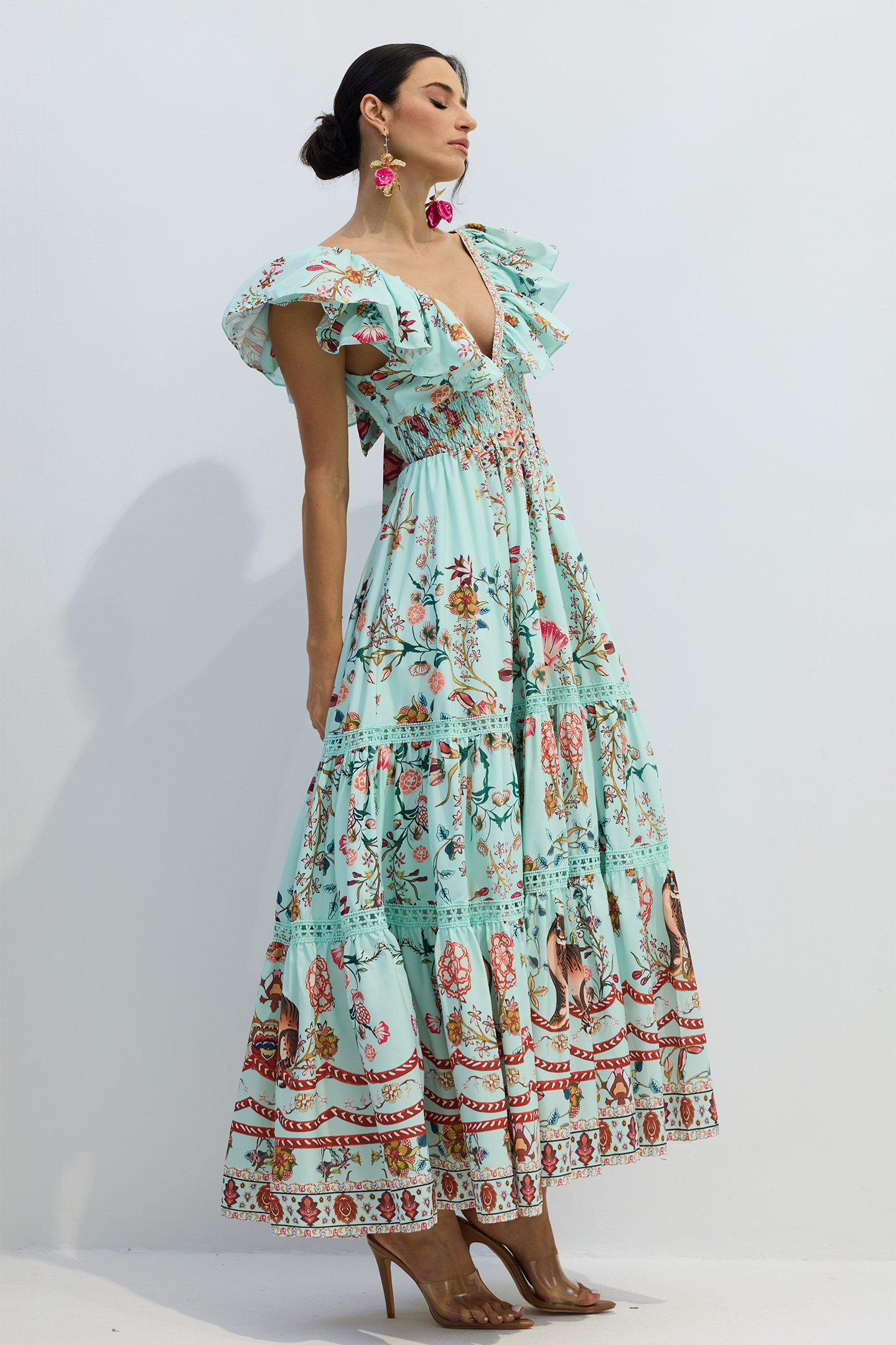 Marissa Floral Maxi Dress | Blue Ruffle Open Back - sunfere