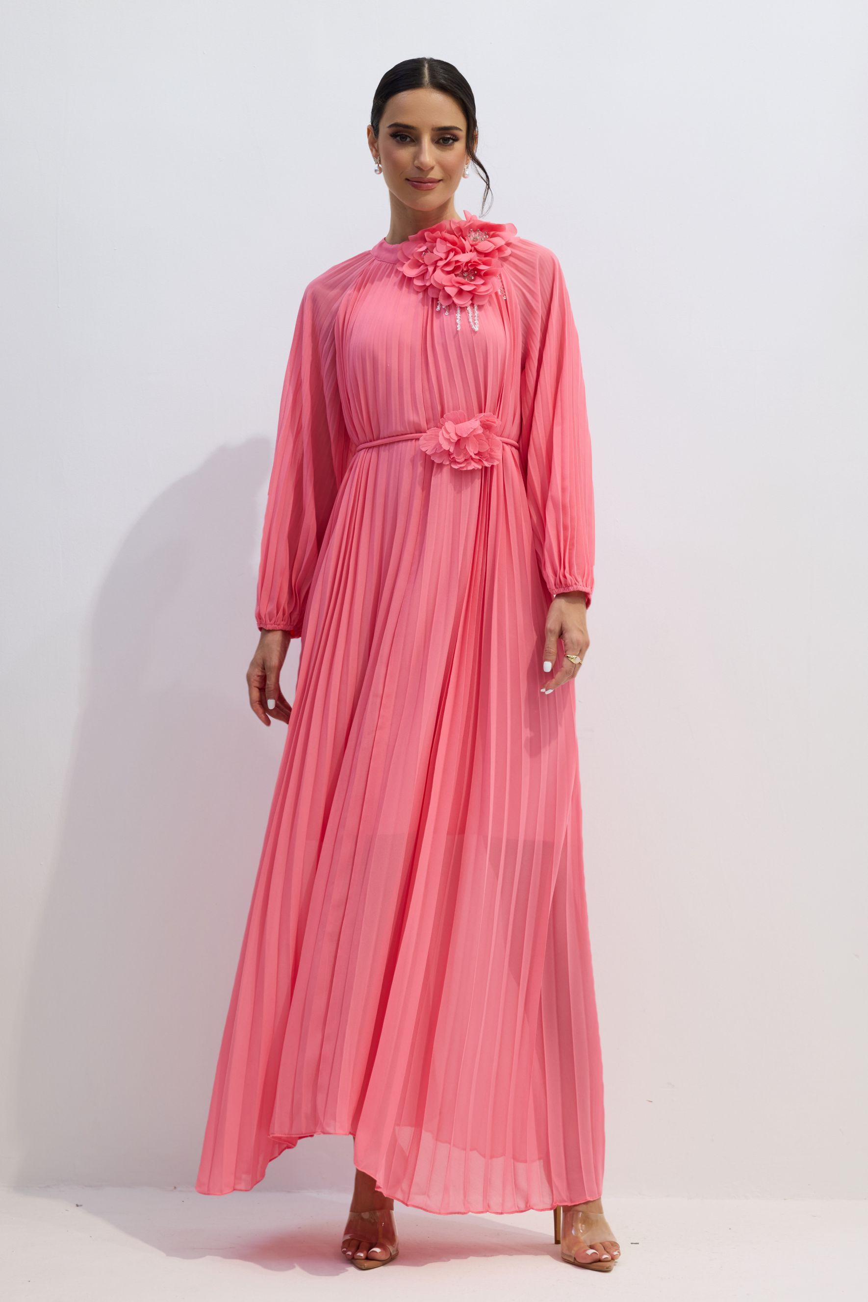 Irene Floral Applique Pleated Chiffon Maxi Dress