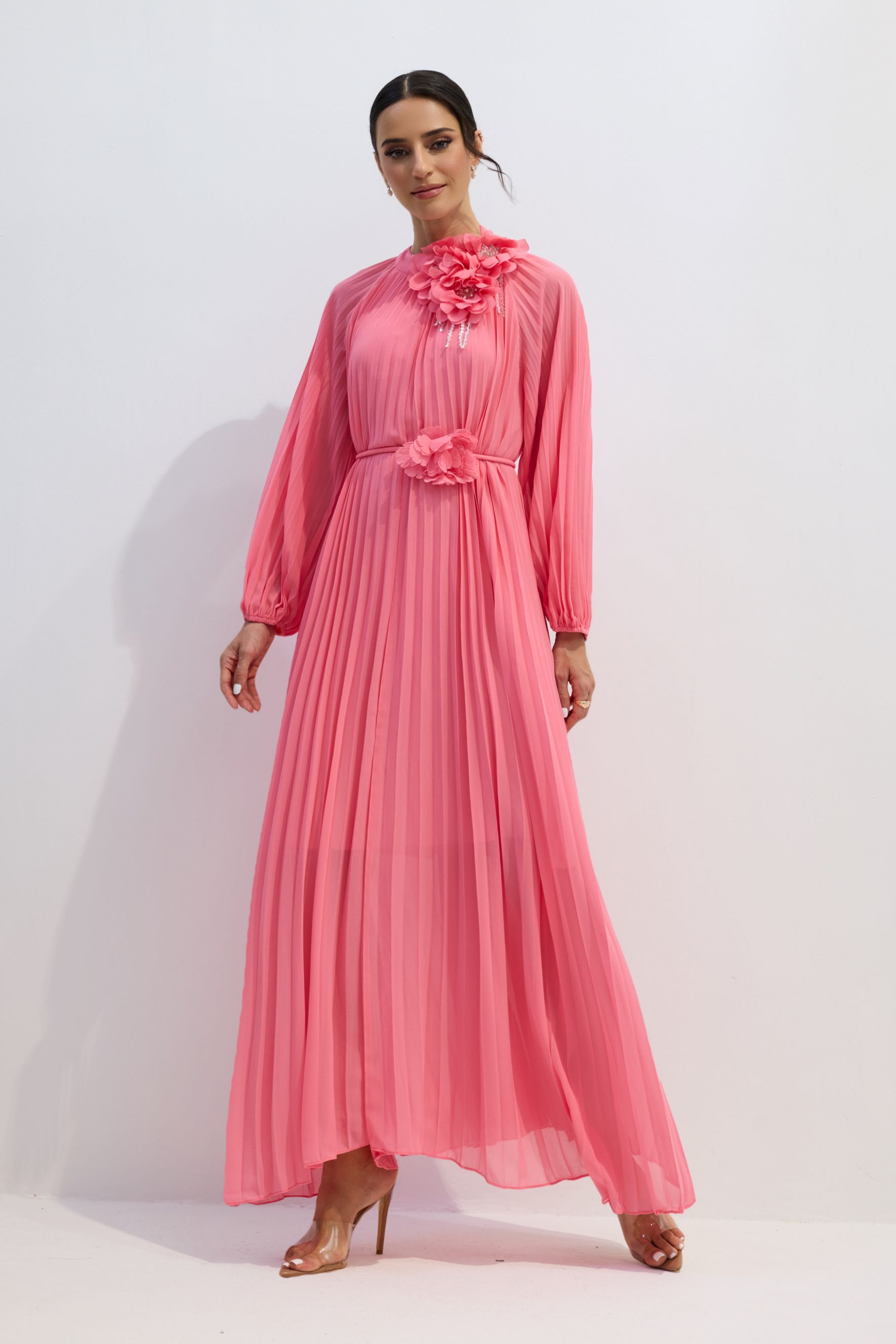Irene Floral Applique Pleated Chiffon Maxi Dress
