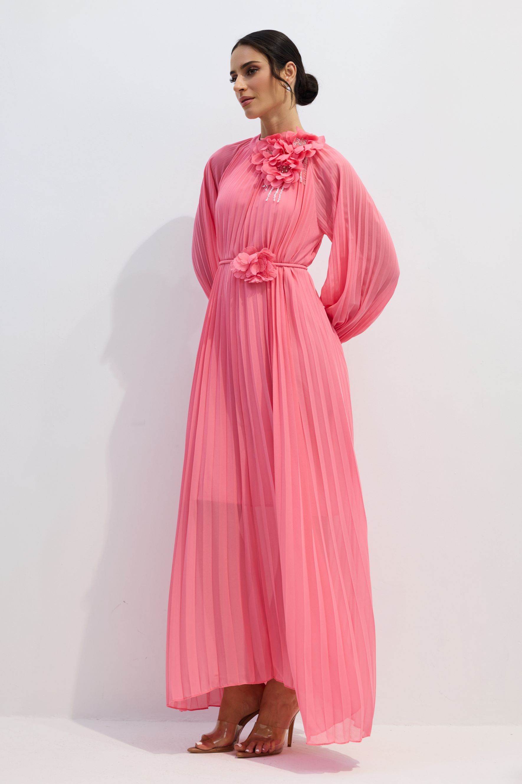 Irene Floral Applique Pleated Chiffon Maxi Dress