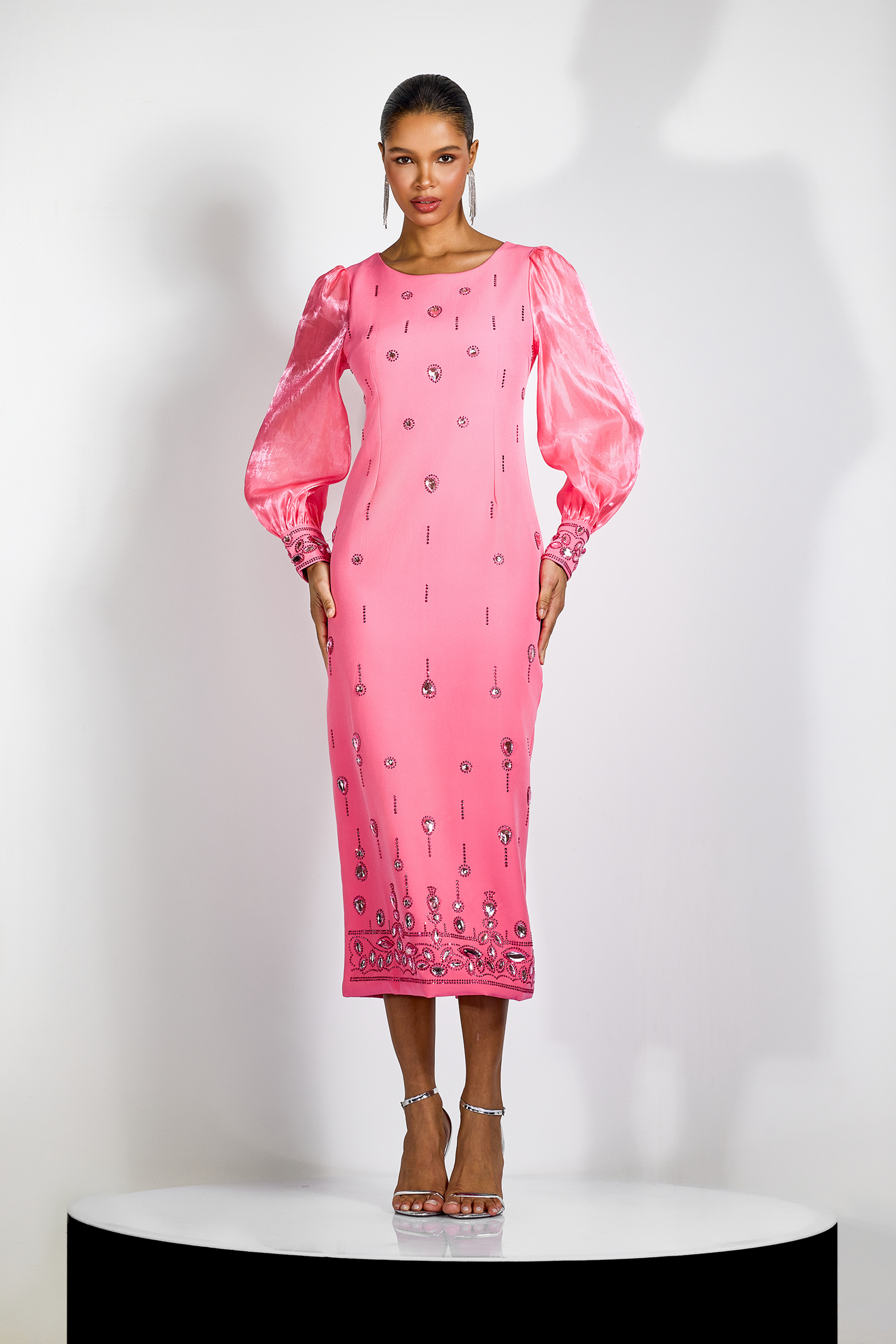 Molly Crystal Embellished Puff Sleeve Midi Dress