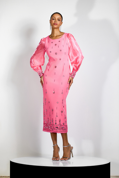 Molly Crystal Embellished Puff Sleeve Midi Dress