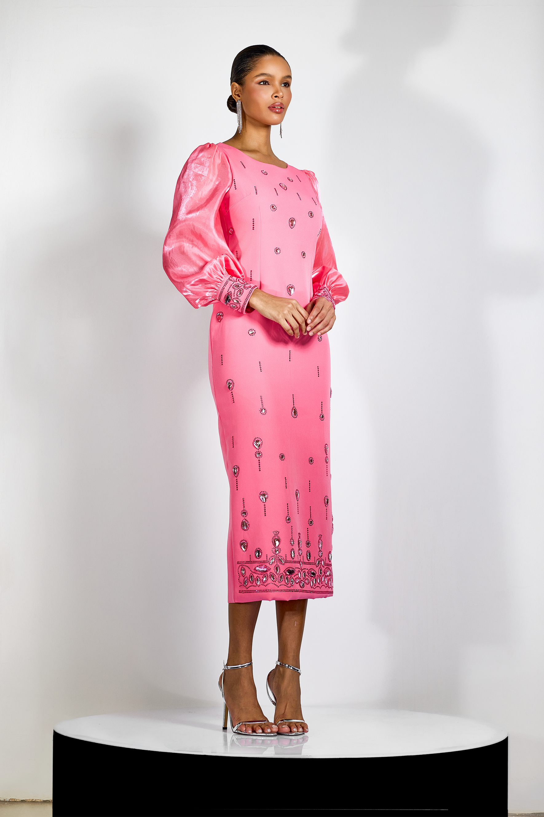 Molly Crystal Embellished Puff Sleeve Midi Dress