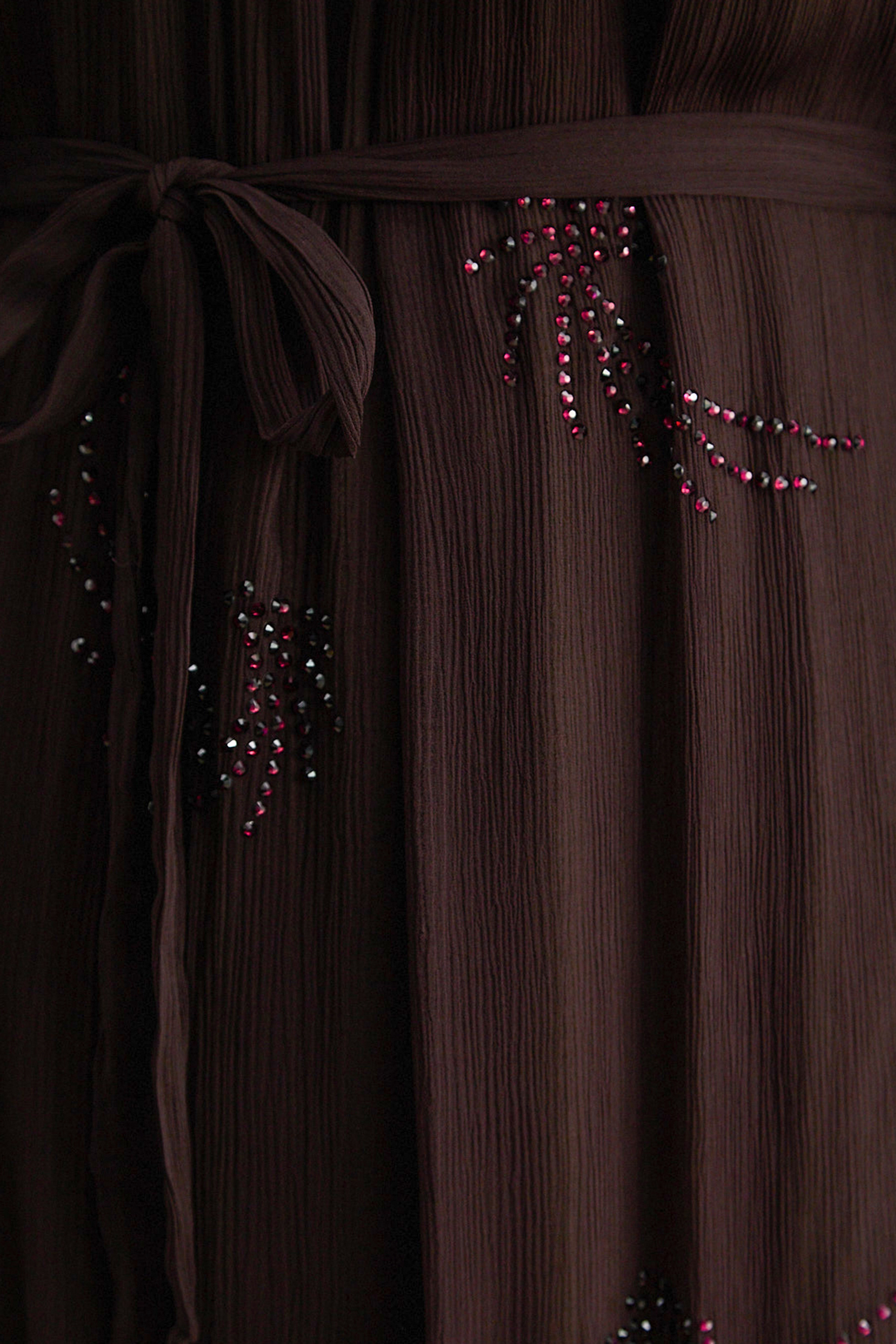Slow Glamour Brown Rhinestone Embellished Silk Maxi Dress
