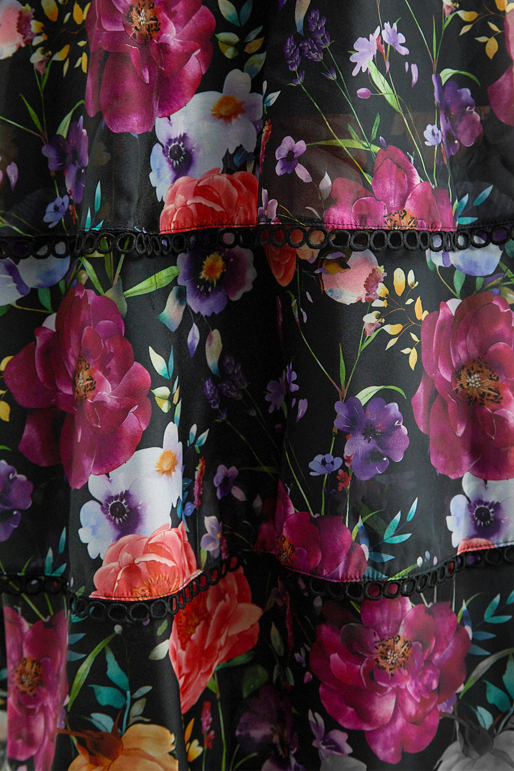 Bloom Dream Black Floral Print Tiered Ruffle Maxi Dress
