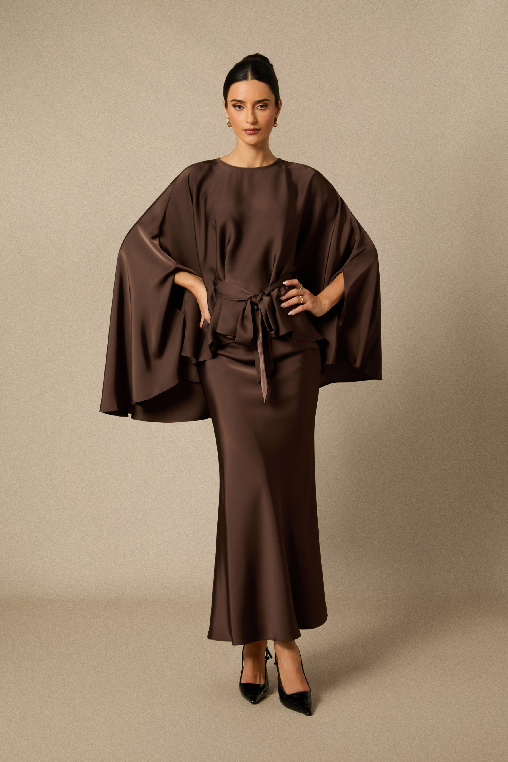 Astera Cape Sleeve Top & Satin Skirt Set