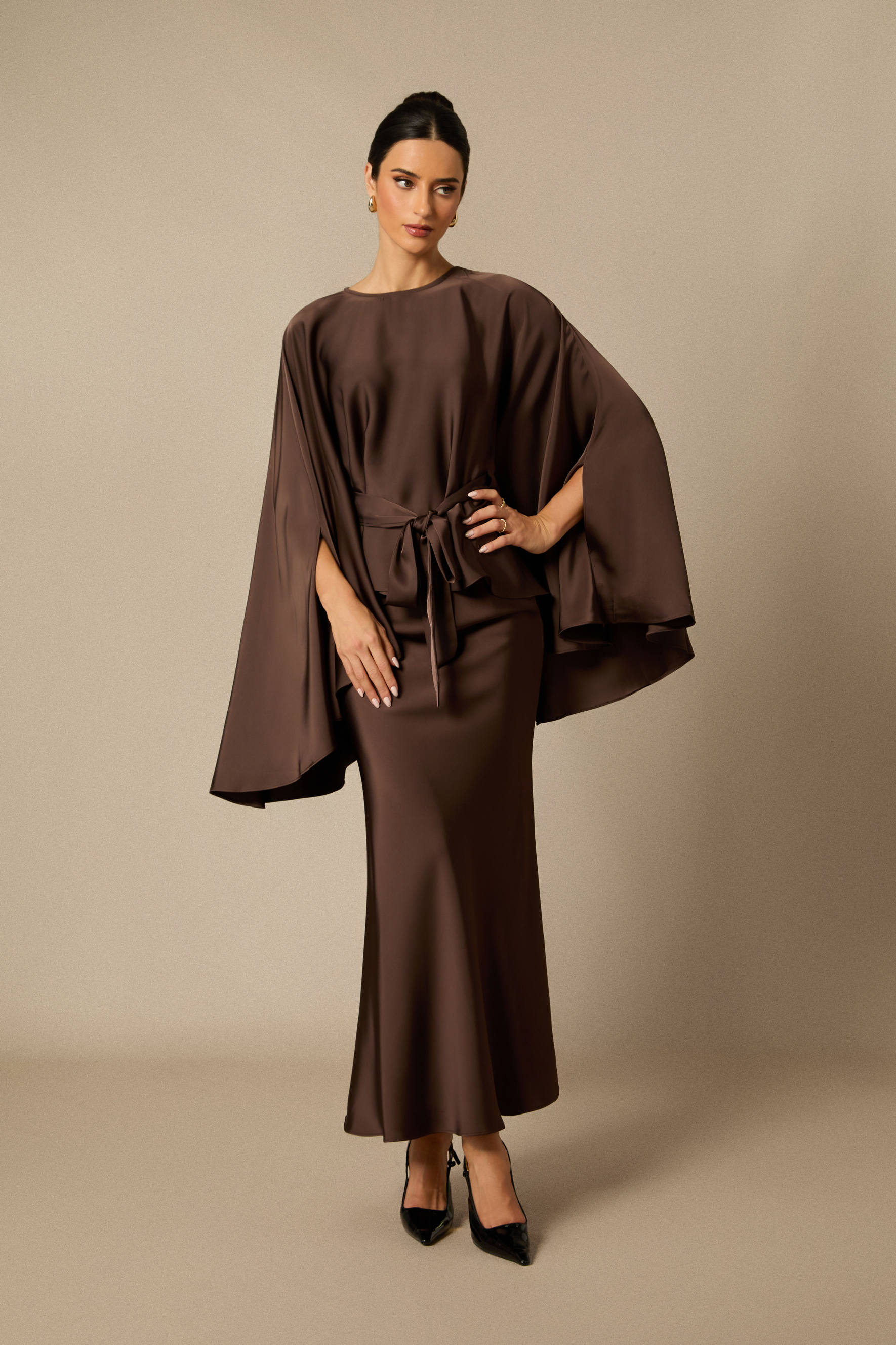 Astera Cape Sleeve Top & Satin Skirt Set