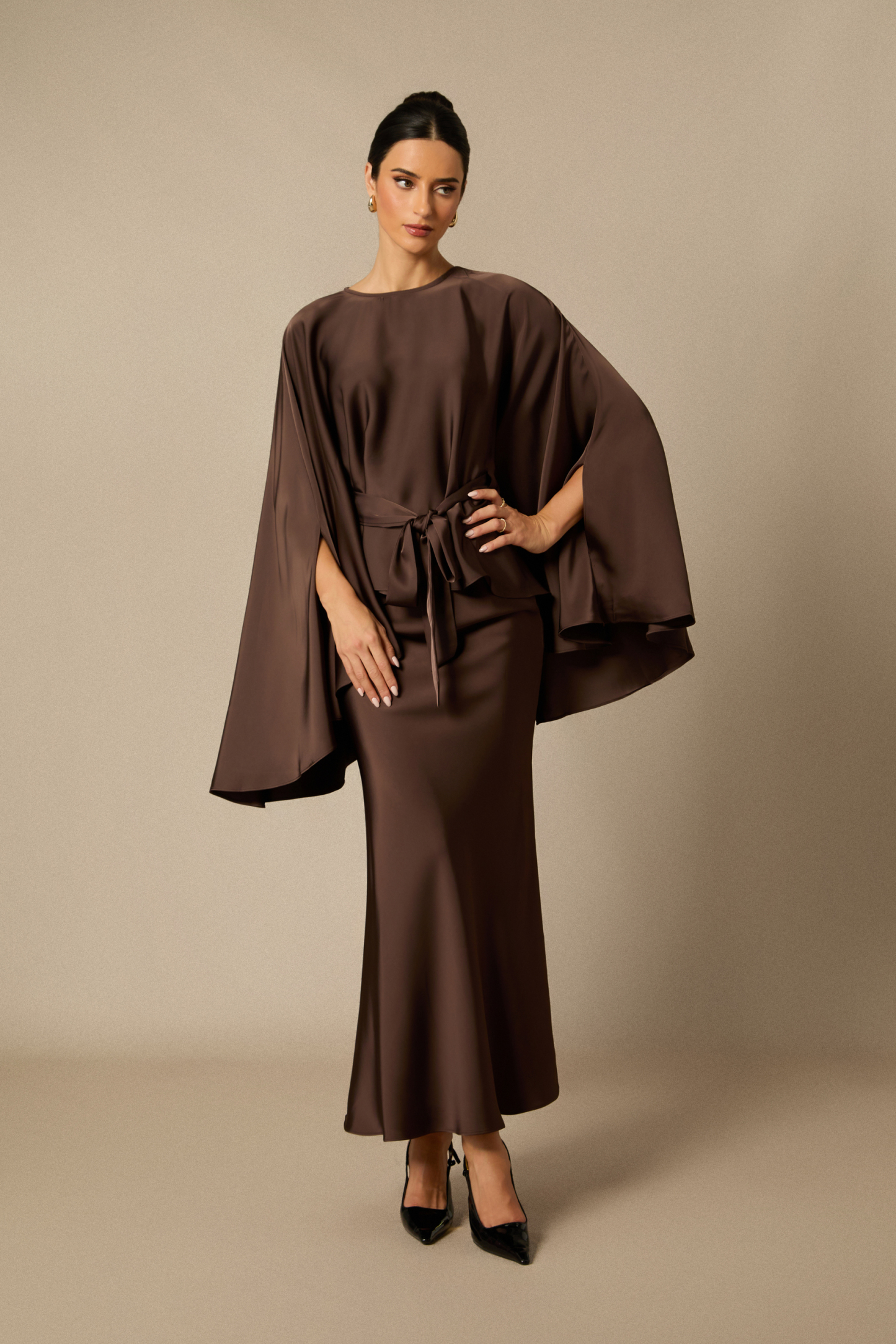 Astera Cape Sleeve Top & Satin Skirt Set