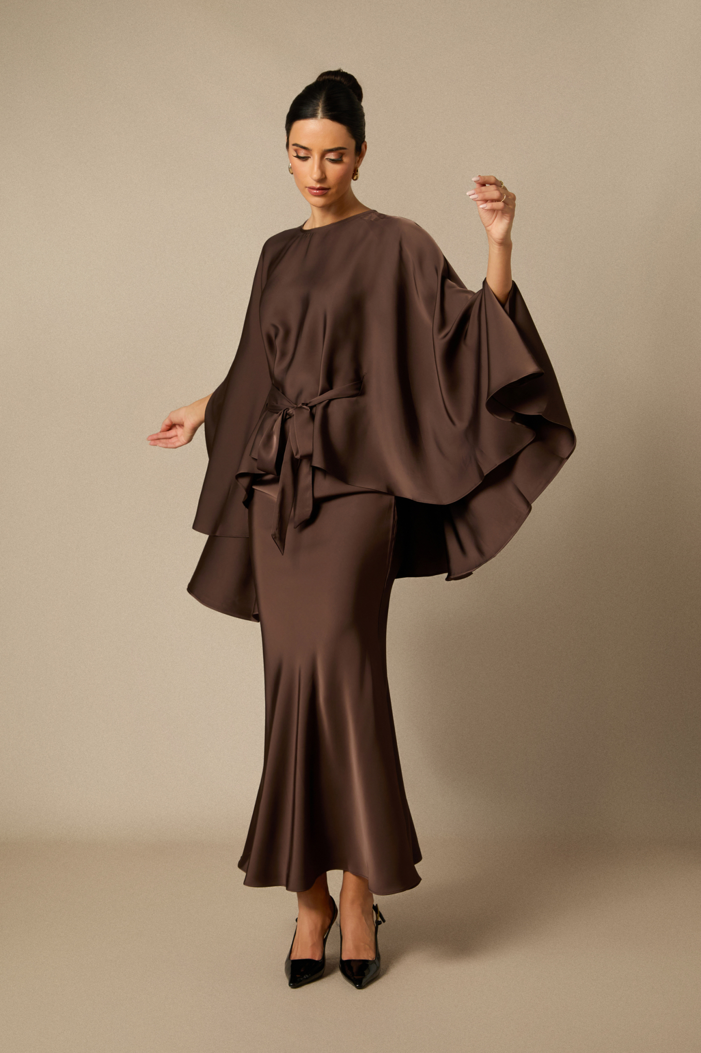 Astera Cape Sleeve Top & Satin Skirt Set