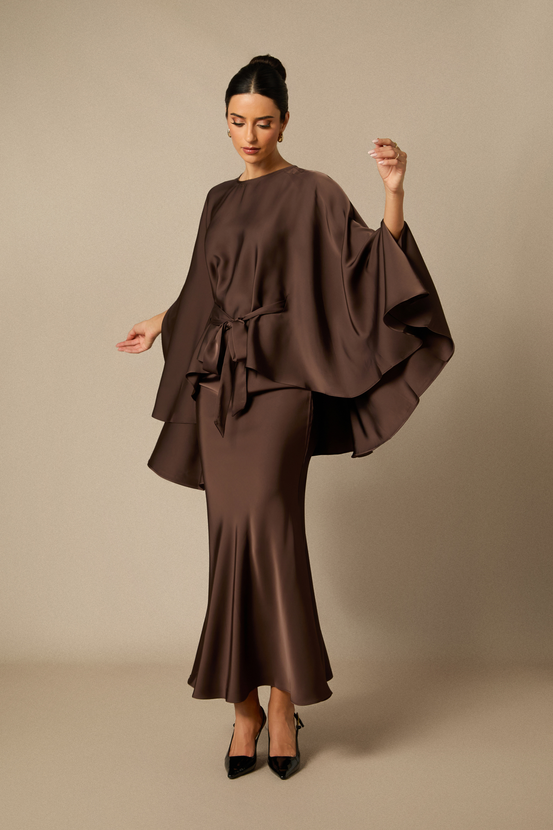 Astera Cape Sleeve Top & Satin Skirt Set