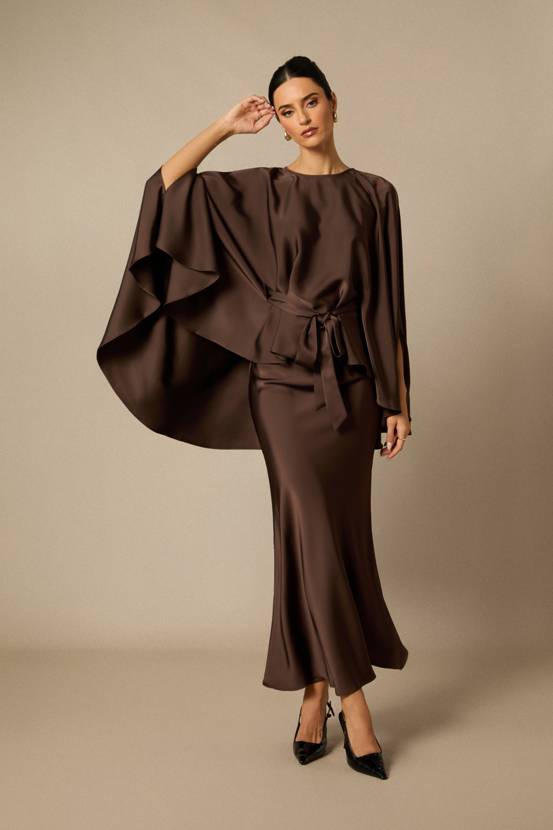 Astera Cape Sleeve Top & Satin Skirt Set