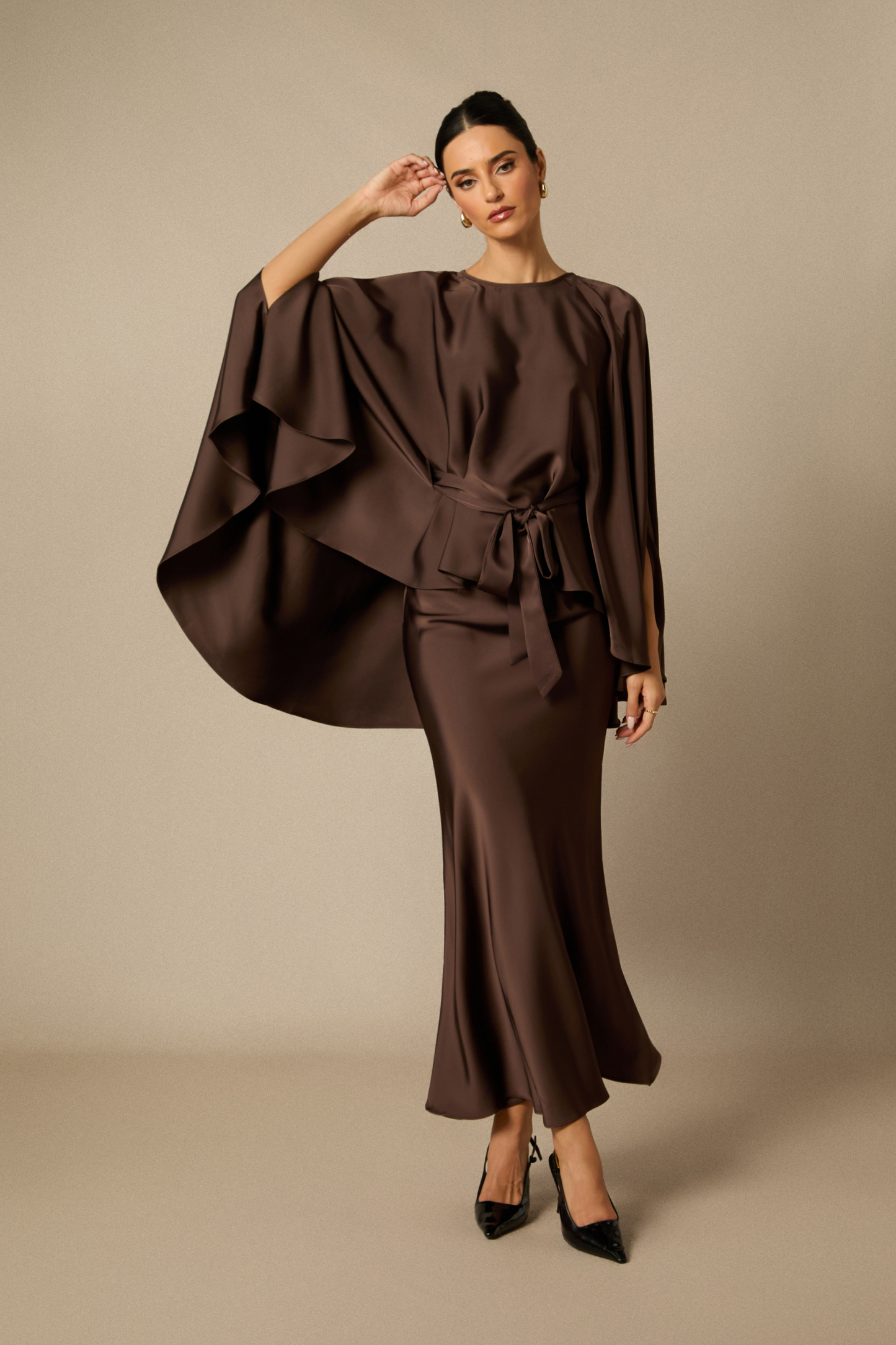 Astera Cape Sleeve Top & Satin Skirt Set