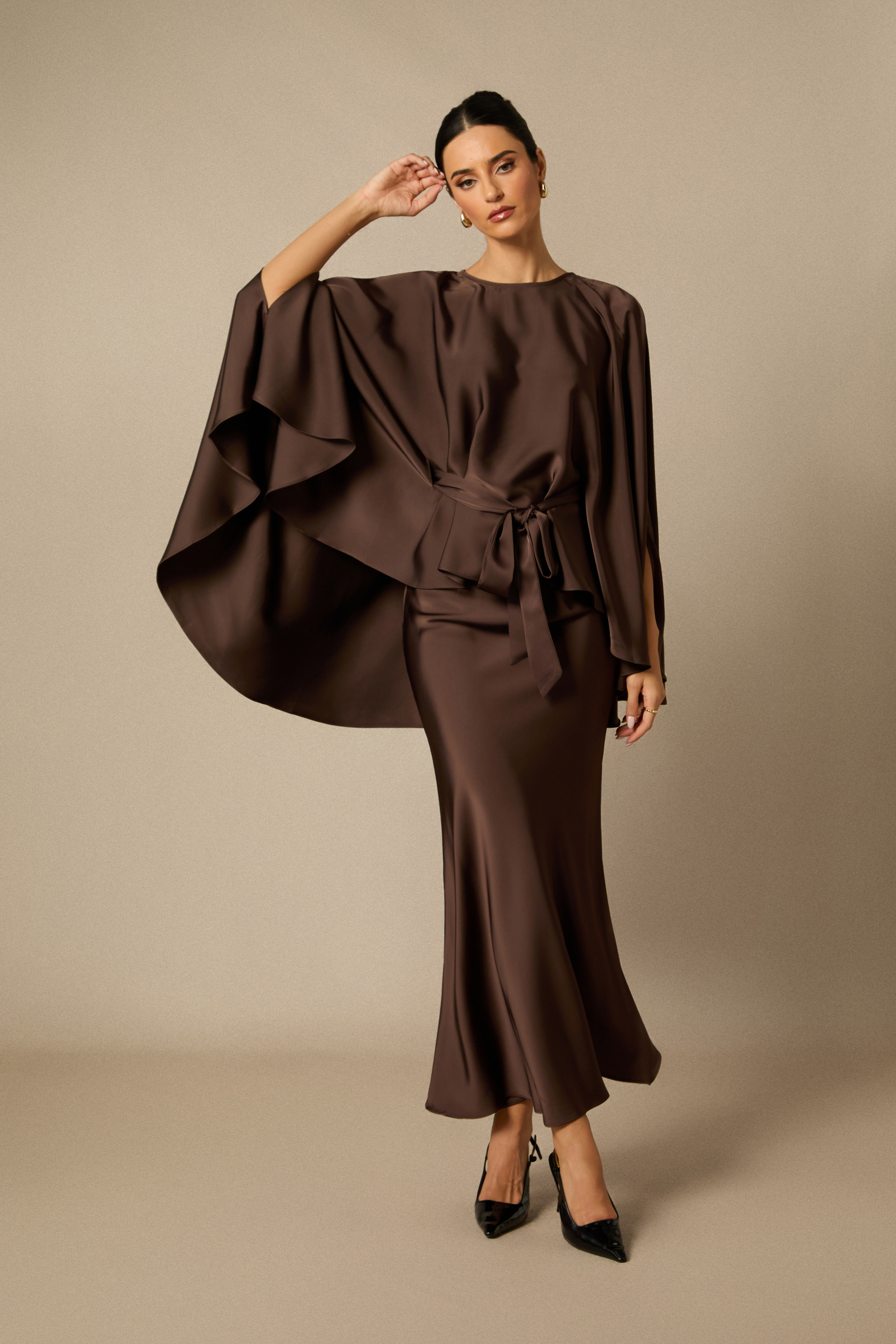 Astera Cape Sleeve Top & Satin Skirt Set