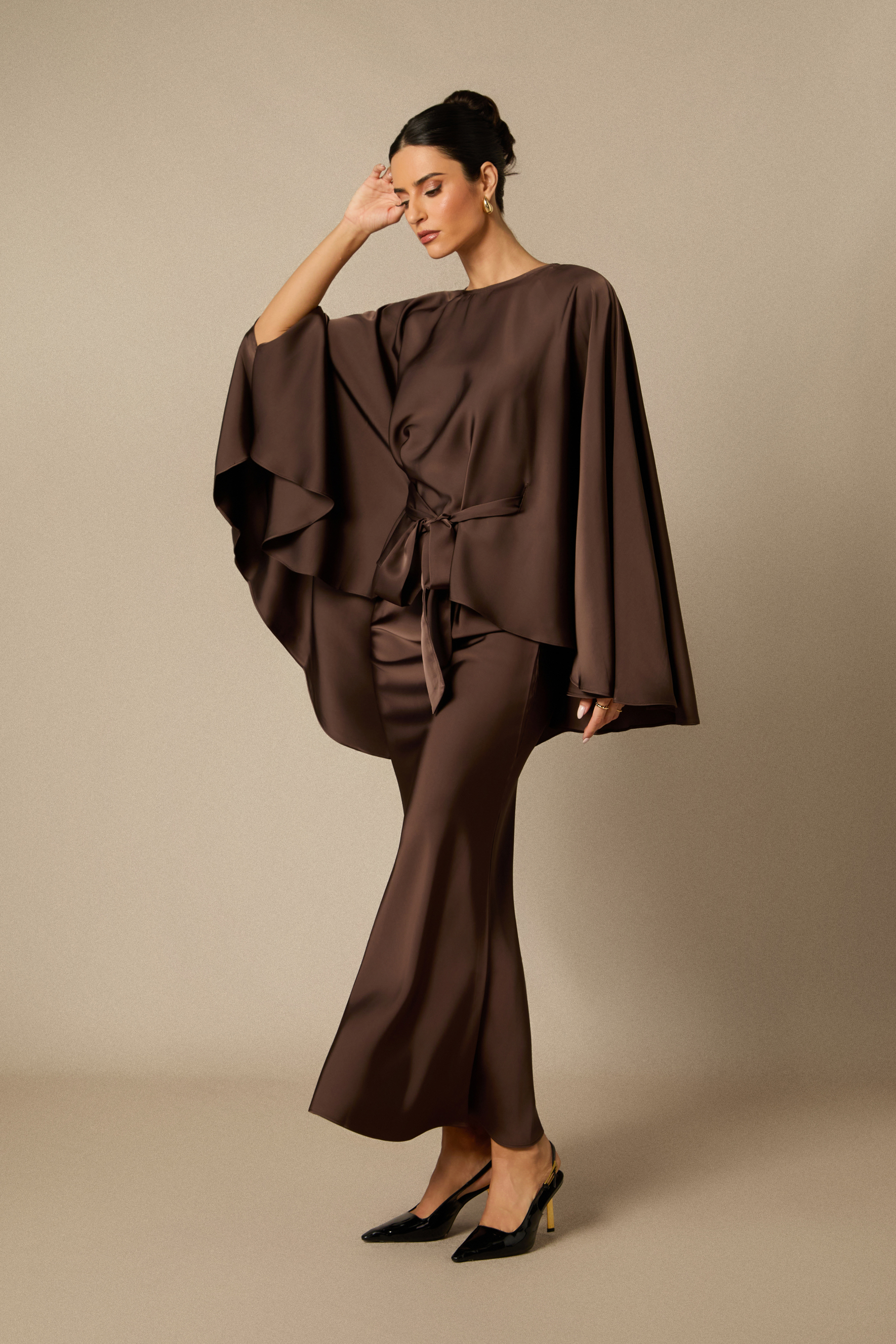 Astera Cape Sleeve Top & Satin Skirt Set