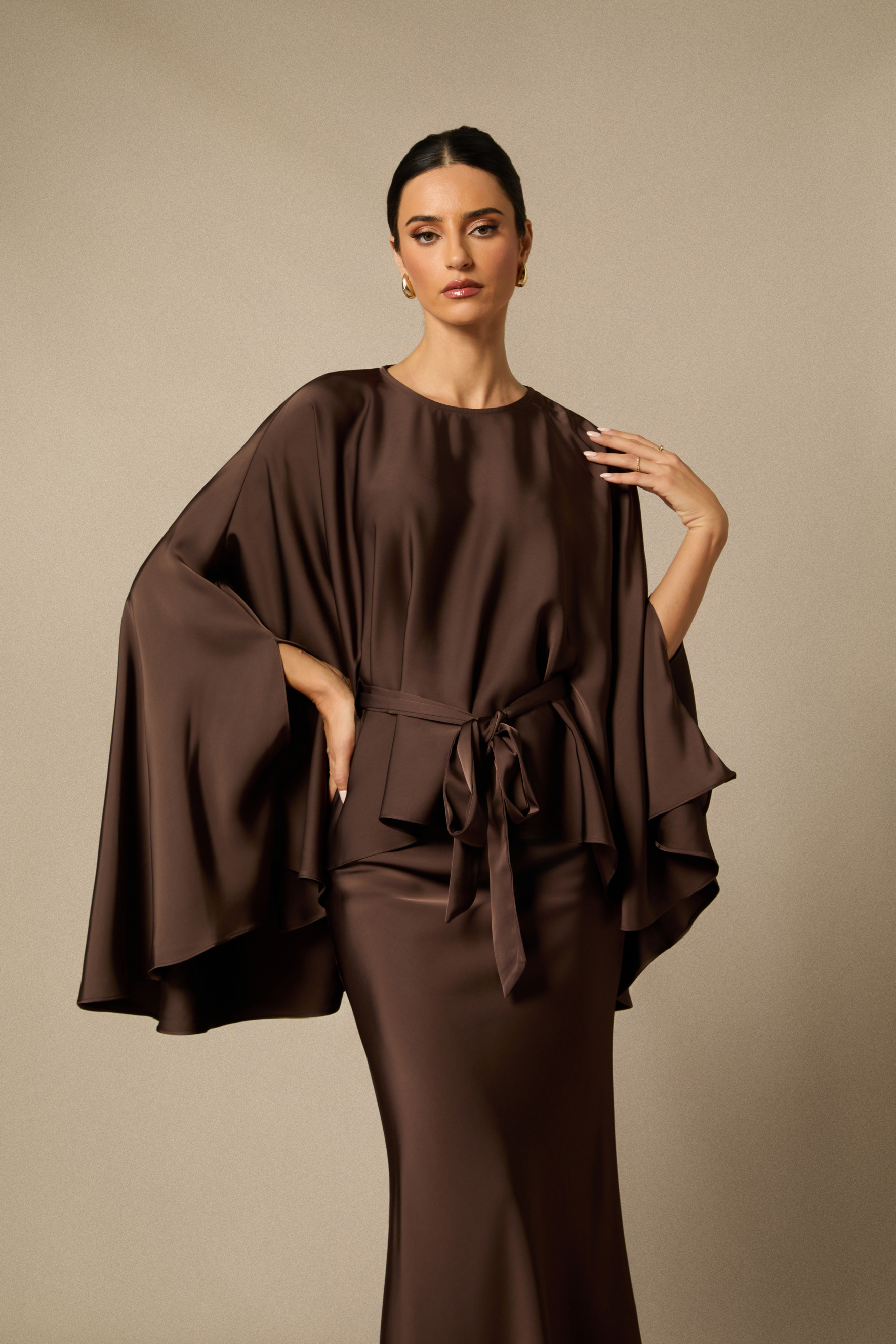 Astera Cape Sleeve Top & Satin Skirt Set