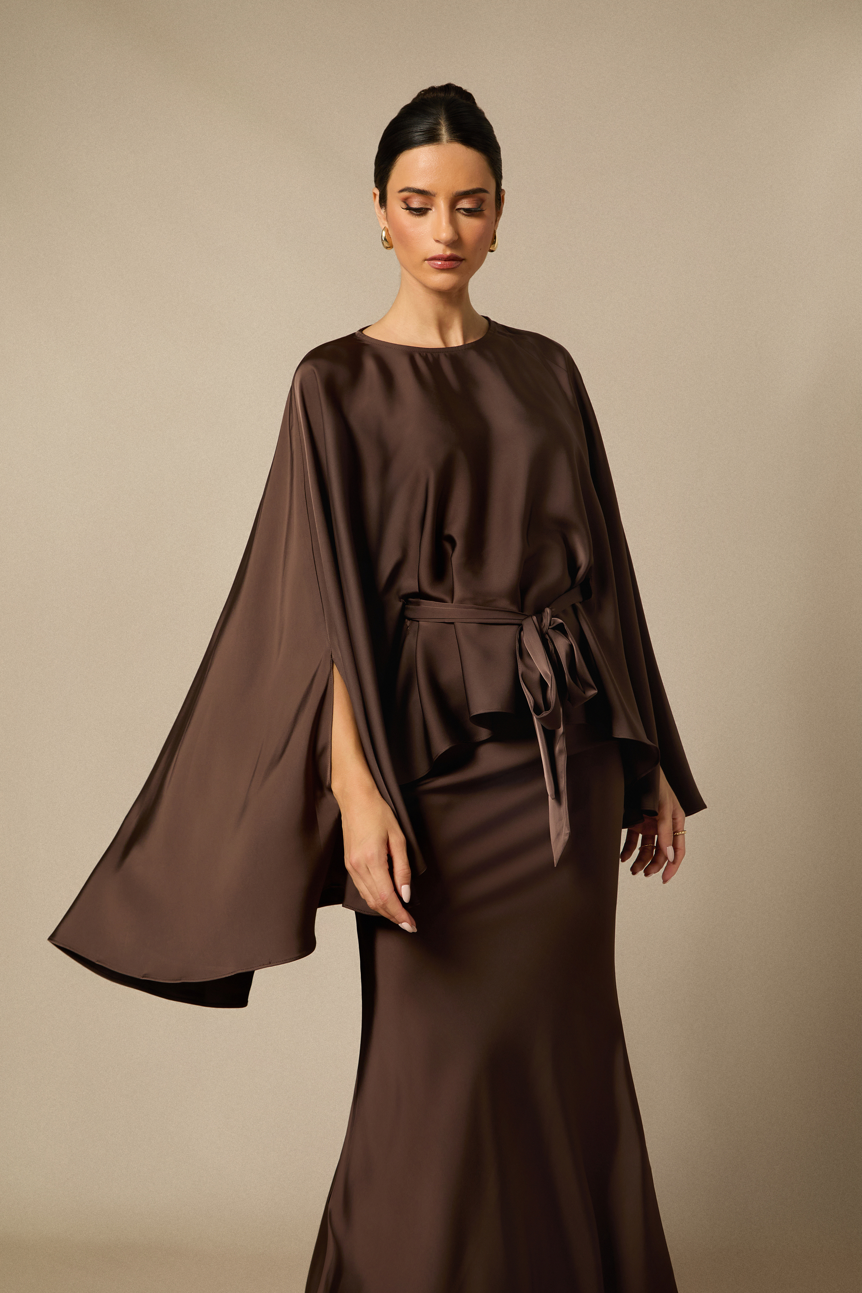 Astera Cape Sleeve Top & Satin Skirt Set