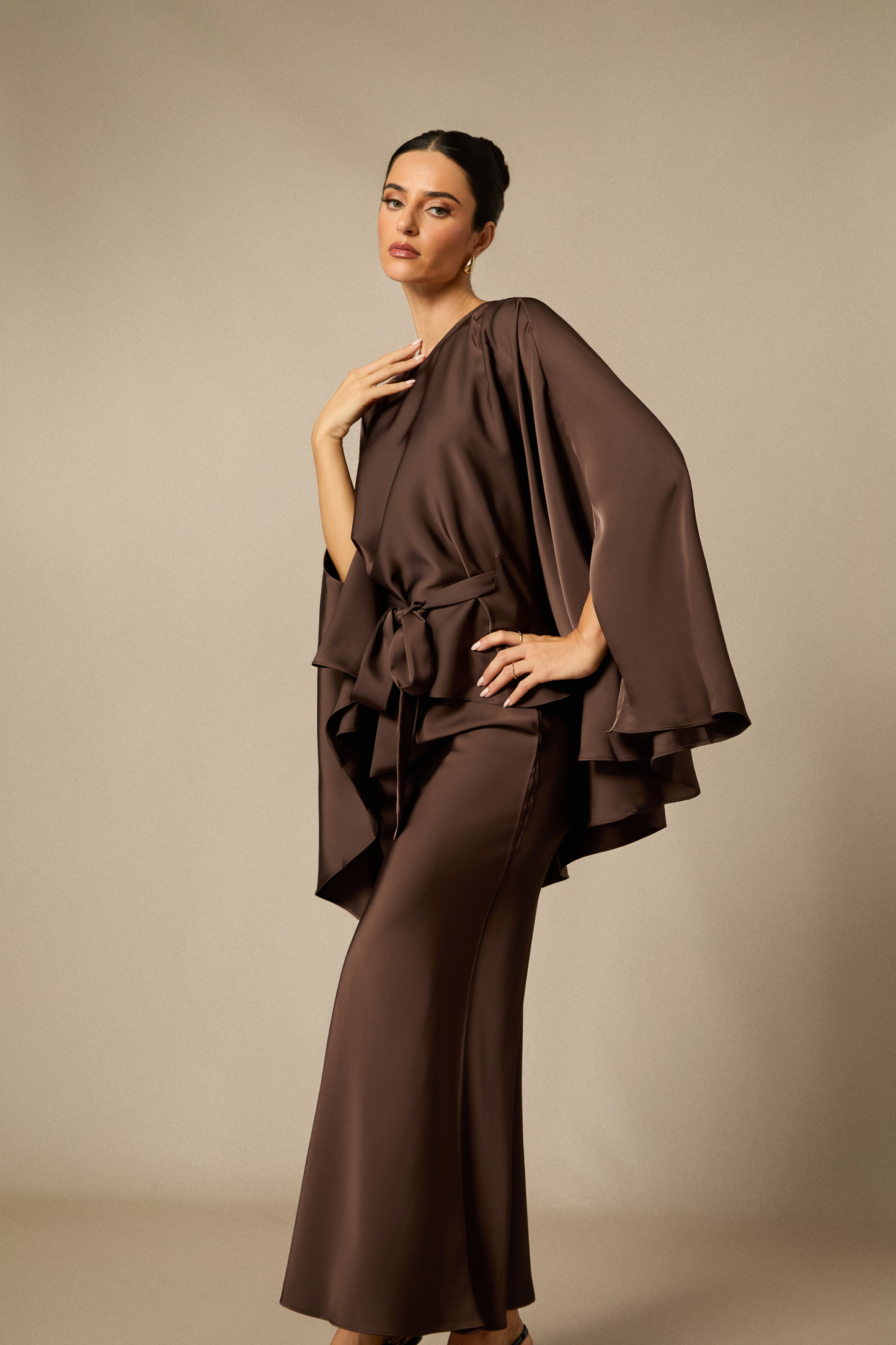 Astera Cape Sleeve Top & Satin Skirt Set
