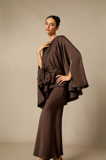 Astera Cape Sleeve Top & Satin Skirt Set