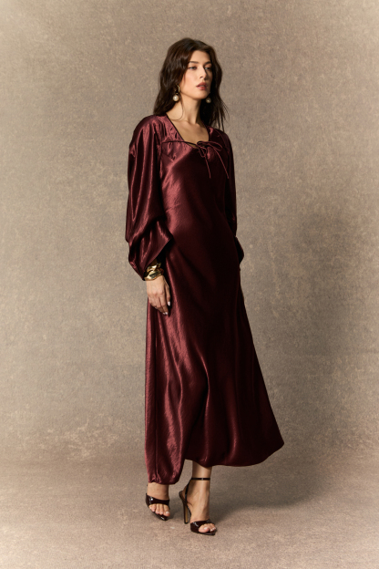Dreaming Of Elegance Burgundy Cape & Satin Maxi Dress