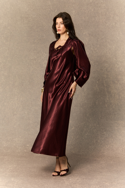 Dreaming Of Elegance Burgundy Cape & Satin Maxi Dress
