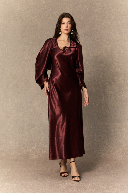 Dreaming Of Elegance Burgundy Cape & Satin Maxi Dress