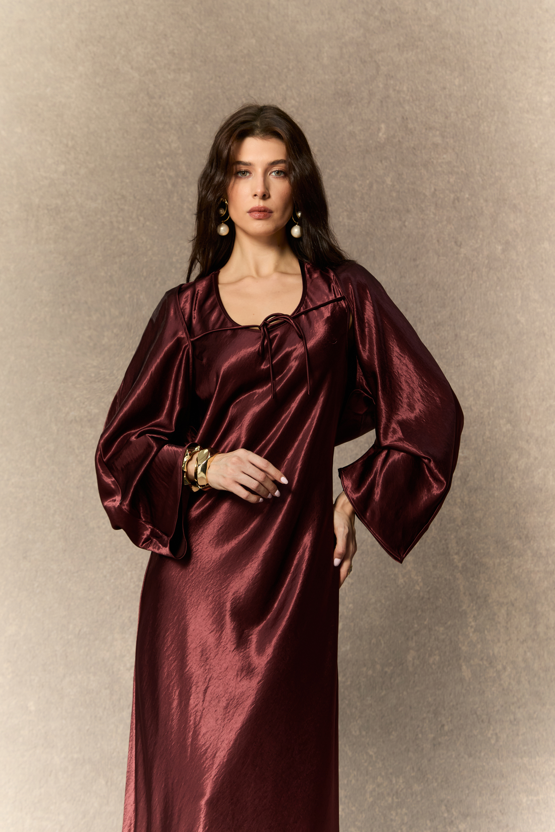 Dreaming Of Elegance Burgundy Cape & Satin Maxi Dress