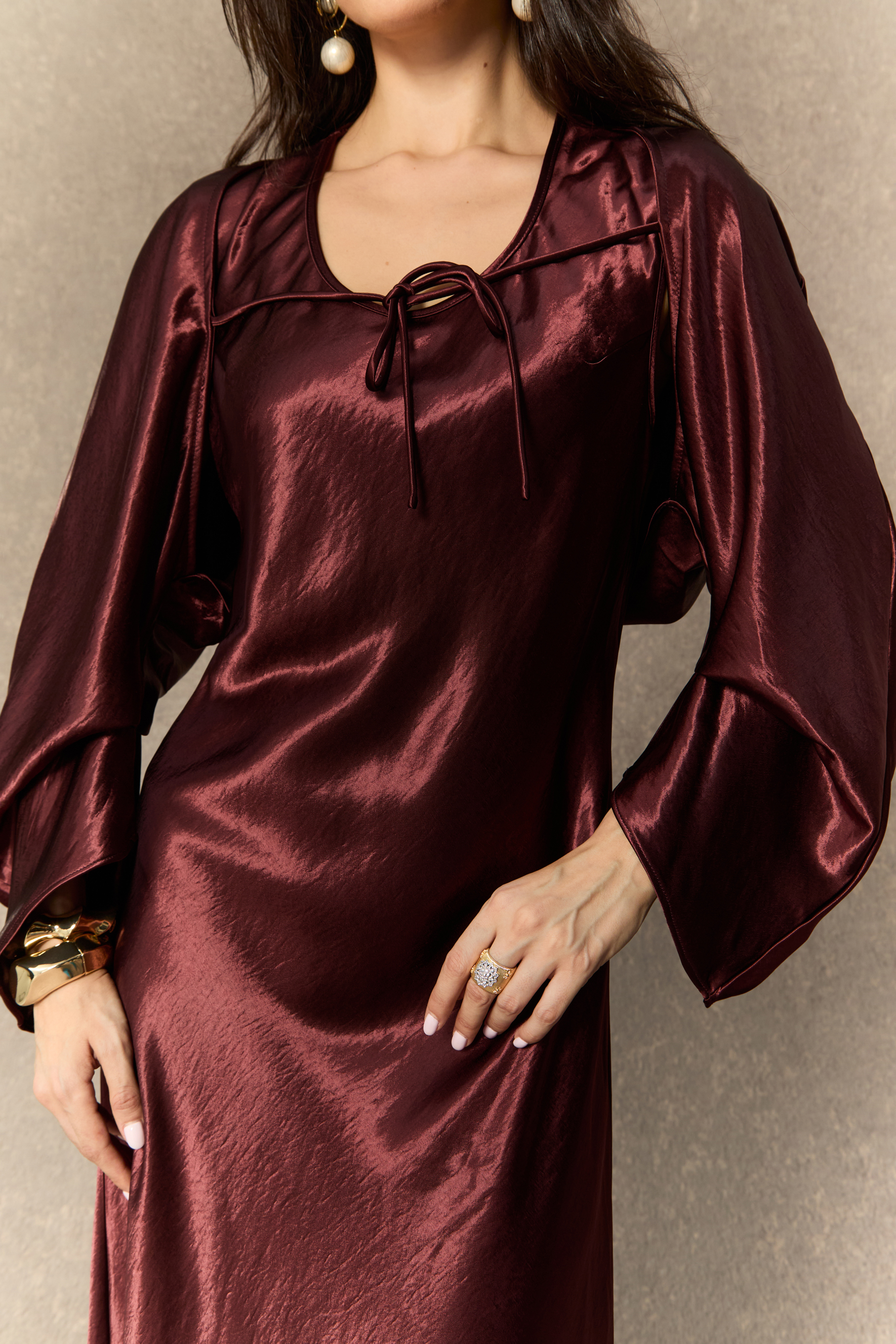Dreaming Of Elegance Burgundy Cape & Satin Maxi Dress