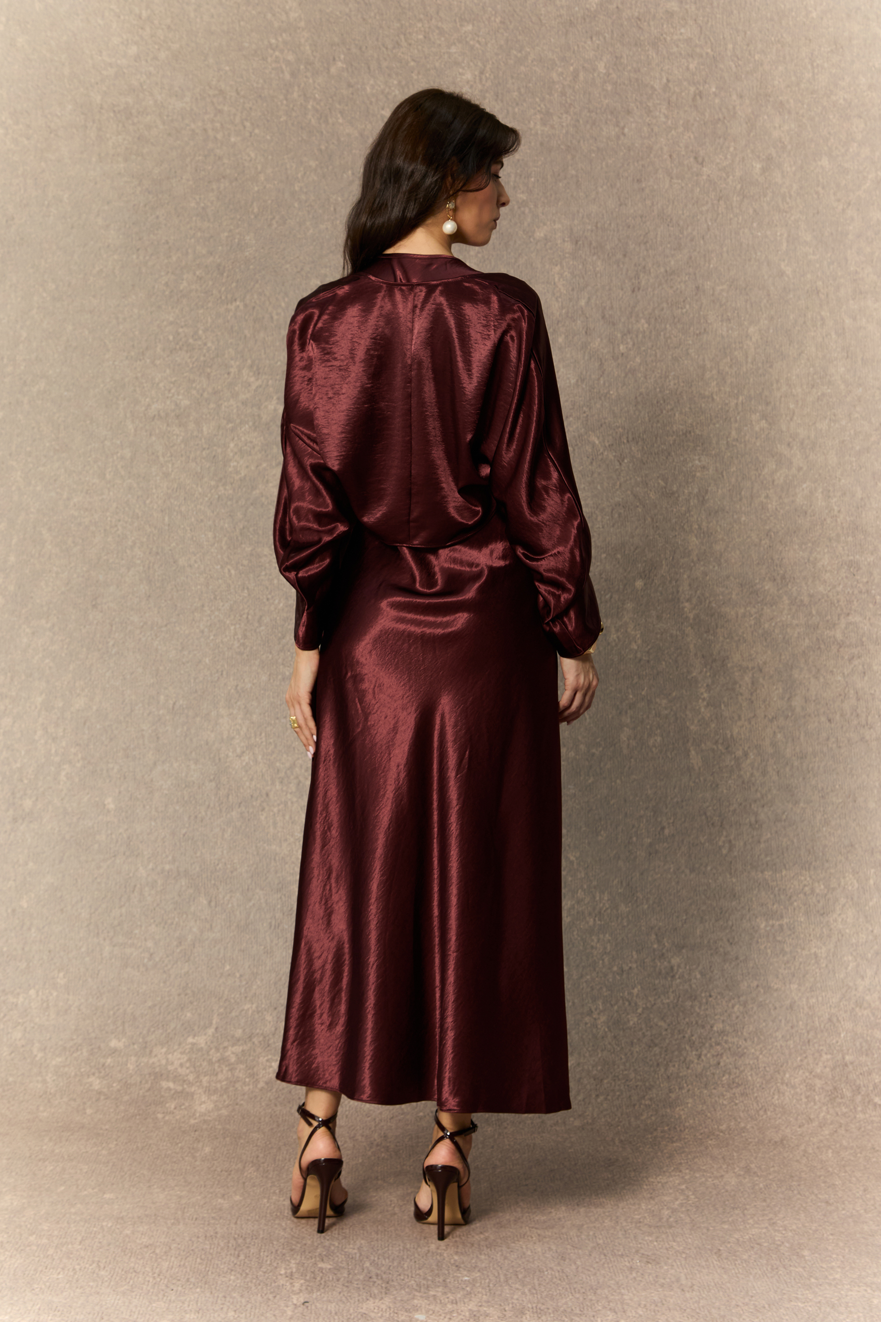 Dreaming Of Elegance Burgundy Cape & Satin Maxi Dress