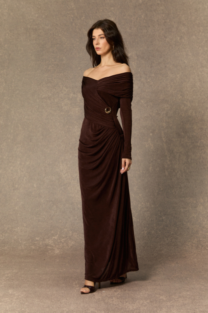 Always Remarkable Brown Off Shoulder Gathered Maxi Dress