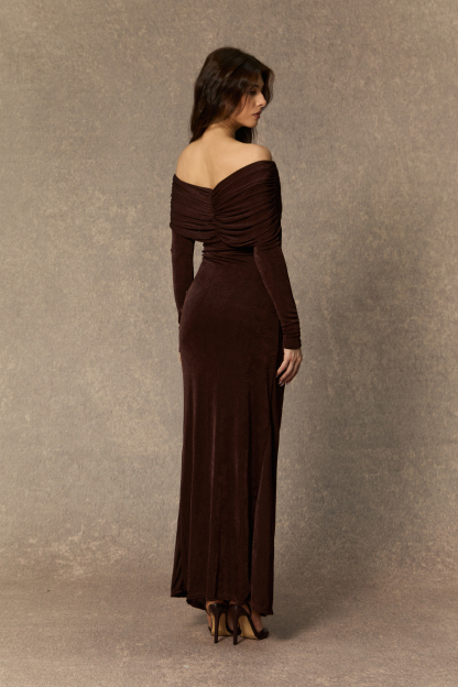 Always Remarkable Brown Off Shoulder Gathered Maxi Dress